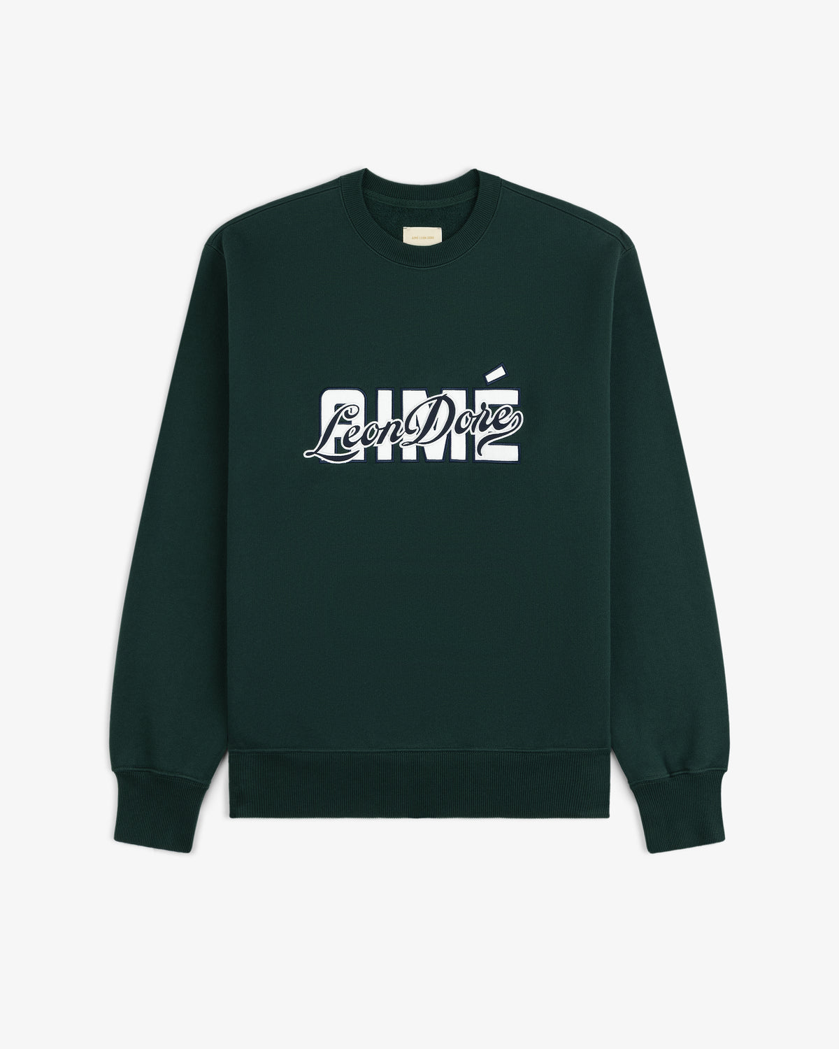 Dark green Overlay Logo Crewneck Sweatshirt with white Aimé Leon Dore logo, laid flat on a white background.
