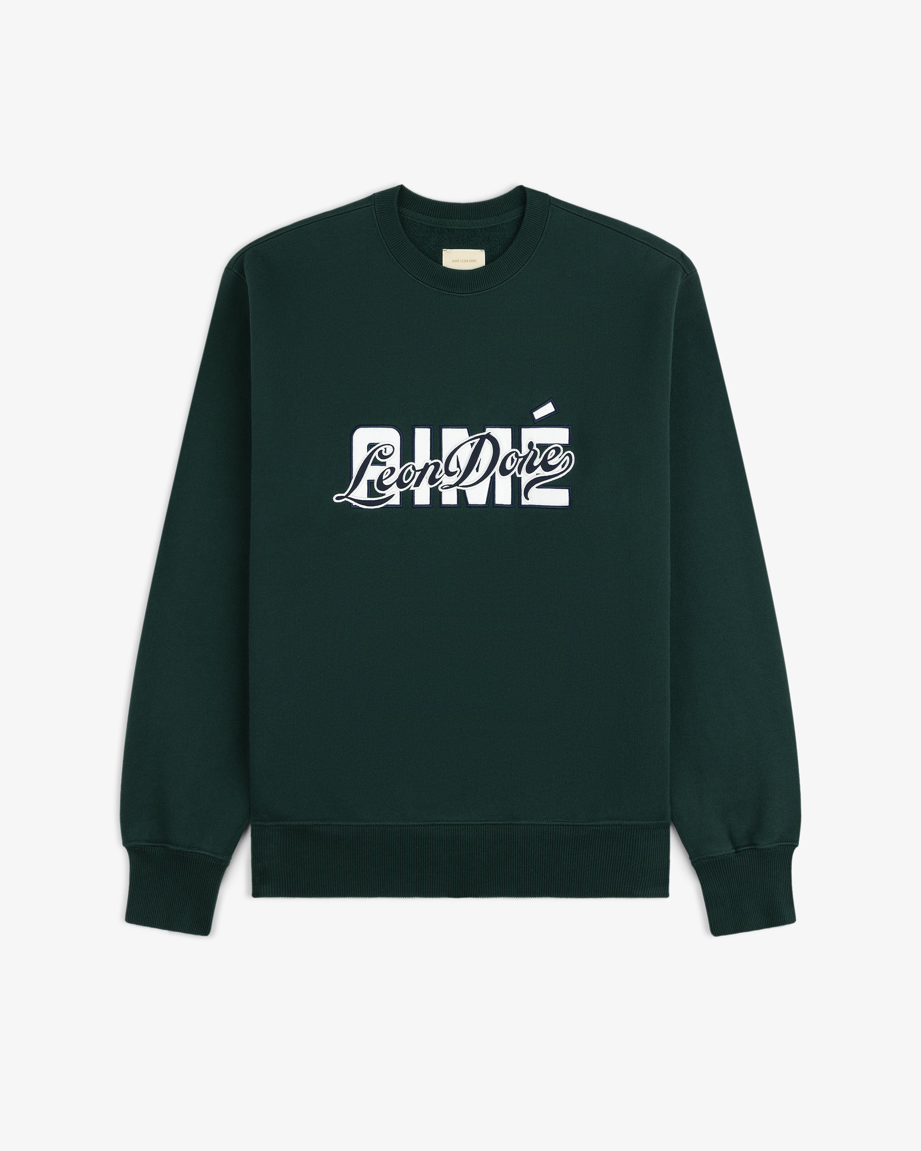 Dark green Overlay Logo Crewneck Sweatshirt with white Aimé Leon Dore logo, laid flat on a white background.