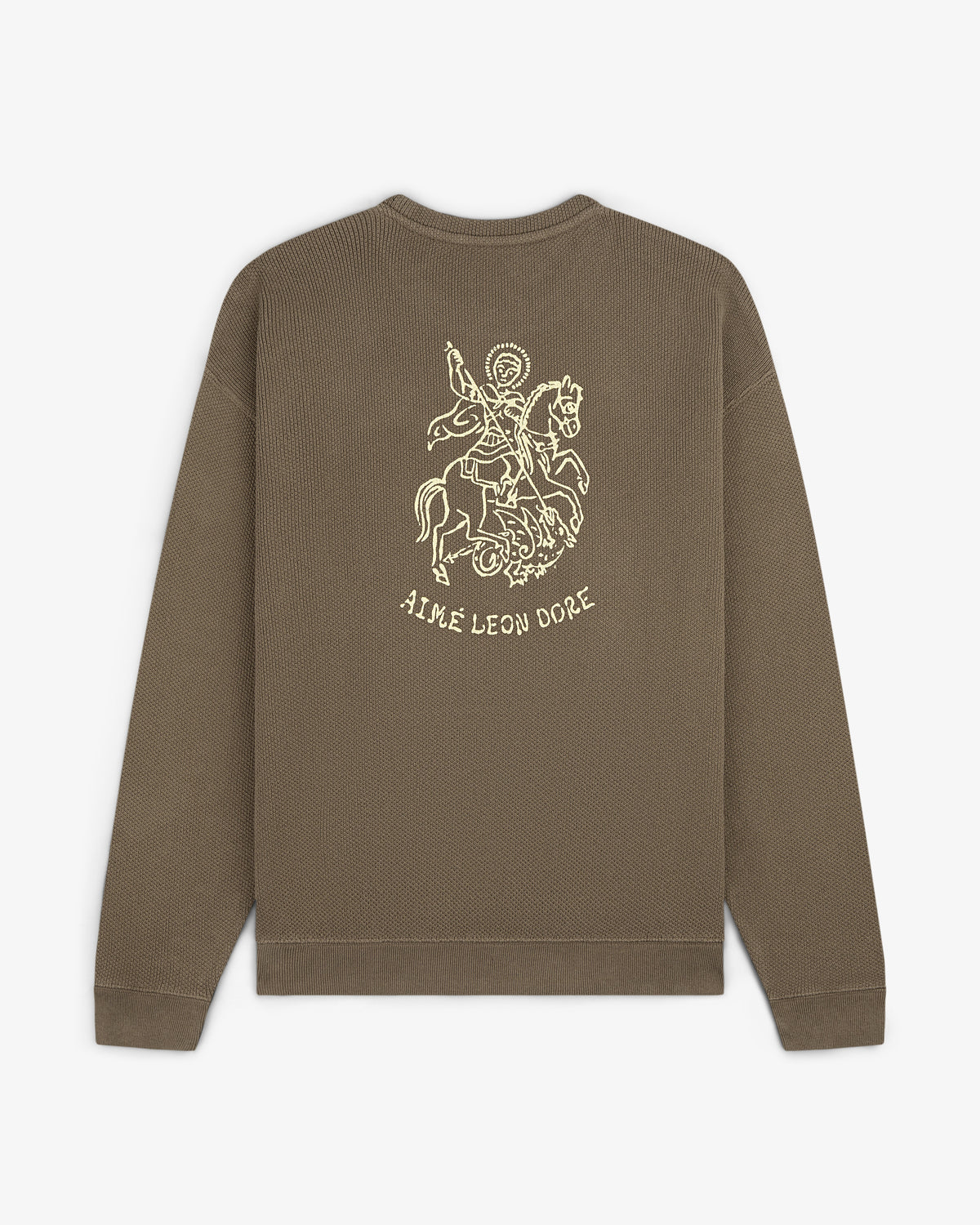 Saint George Piqué Crewneck Sweatshirt: Brown, long-sleeve with knight graphic and AIMÉ LEON DORE on the back.