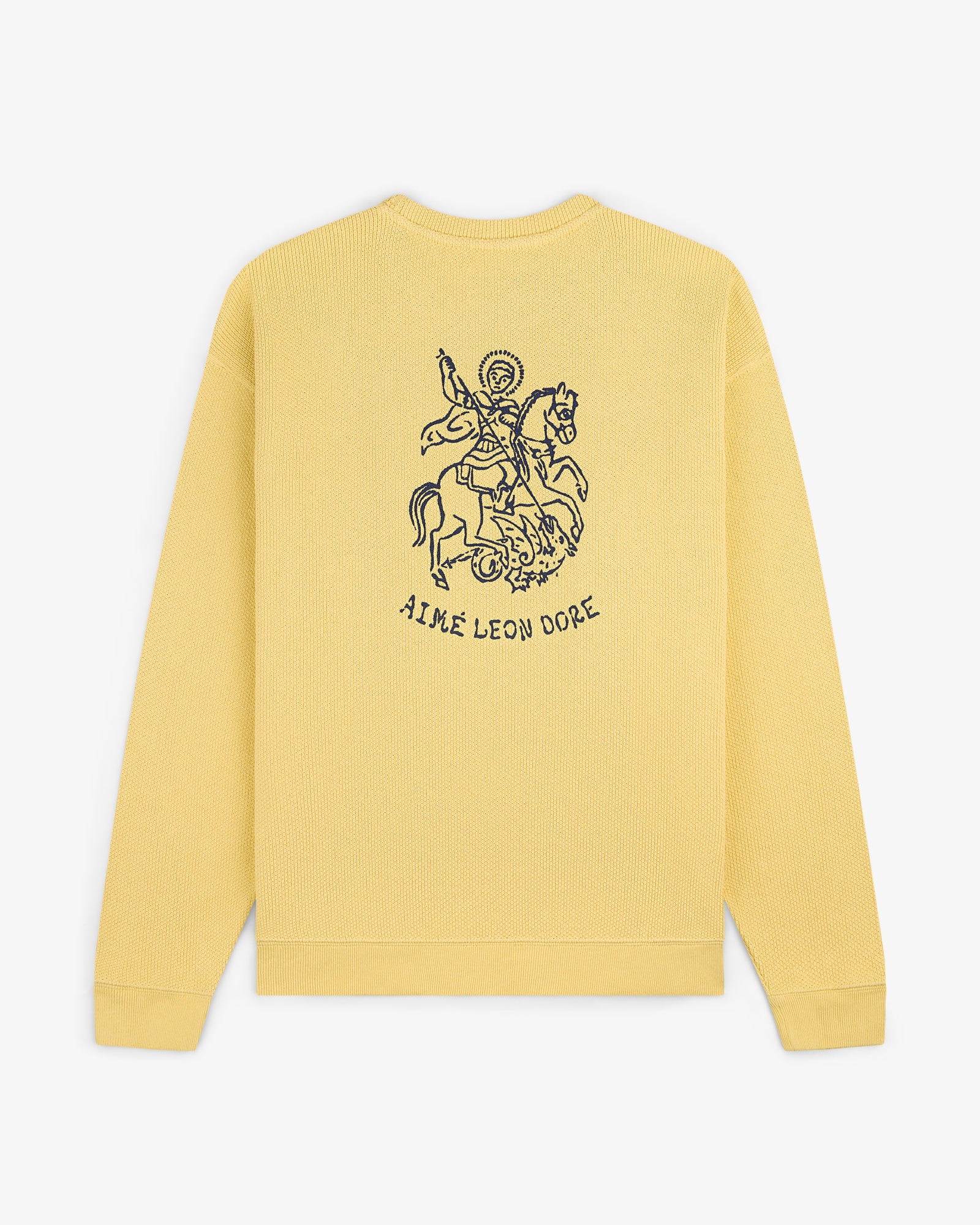 Yellow Saint George Piqué Crewneck Sweatshirt with horse rider line art and AIME LEON DORE on the back.