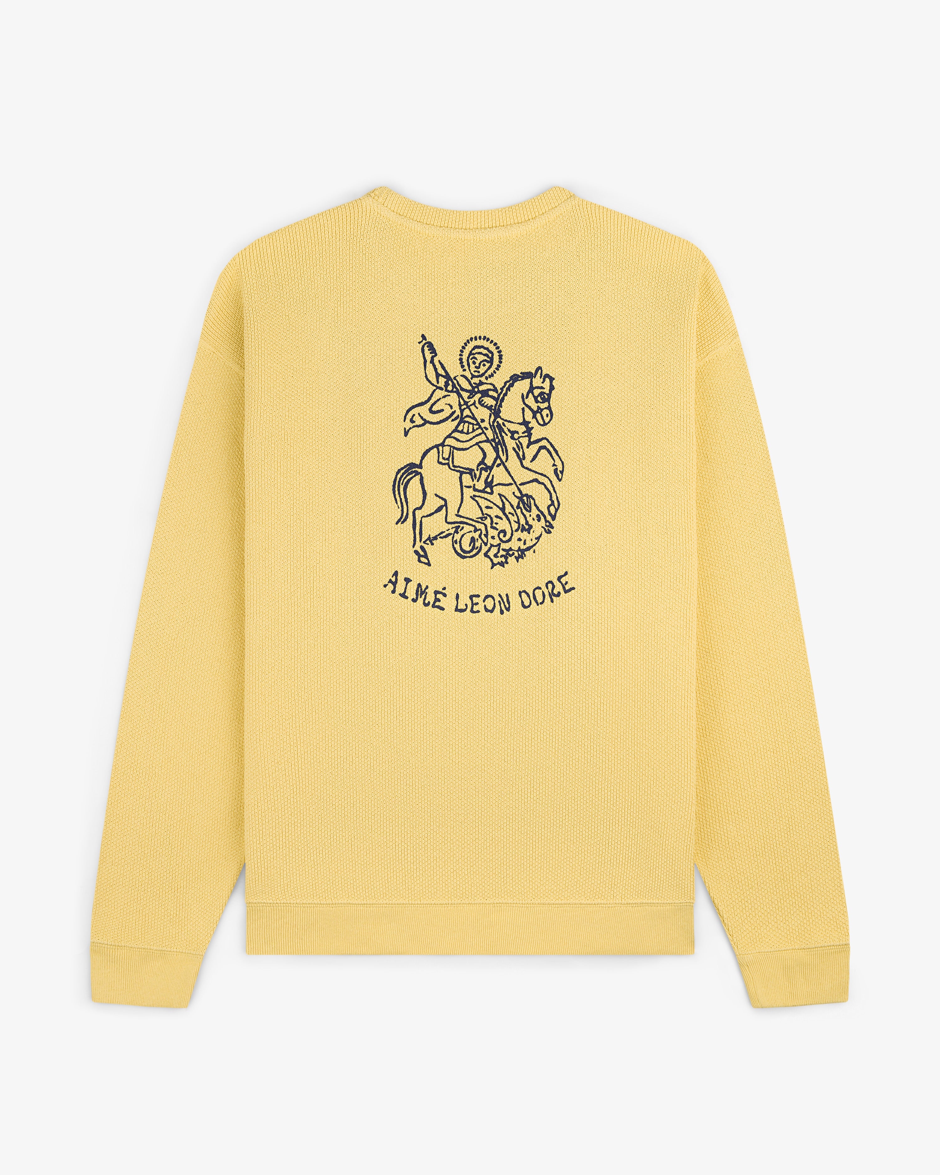 Yellow Saint George Piqué Crewneck Sweatshirt with horse rider line art and AIME LEON DORE on the back.