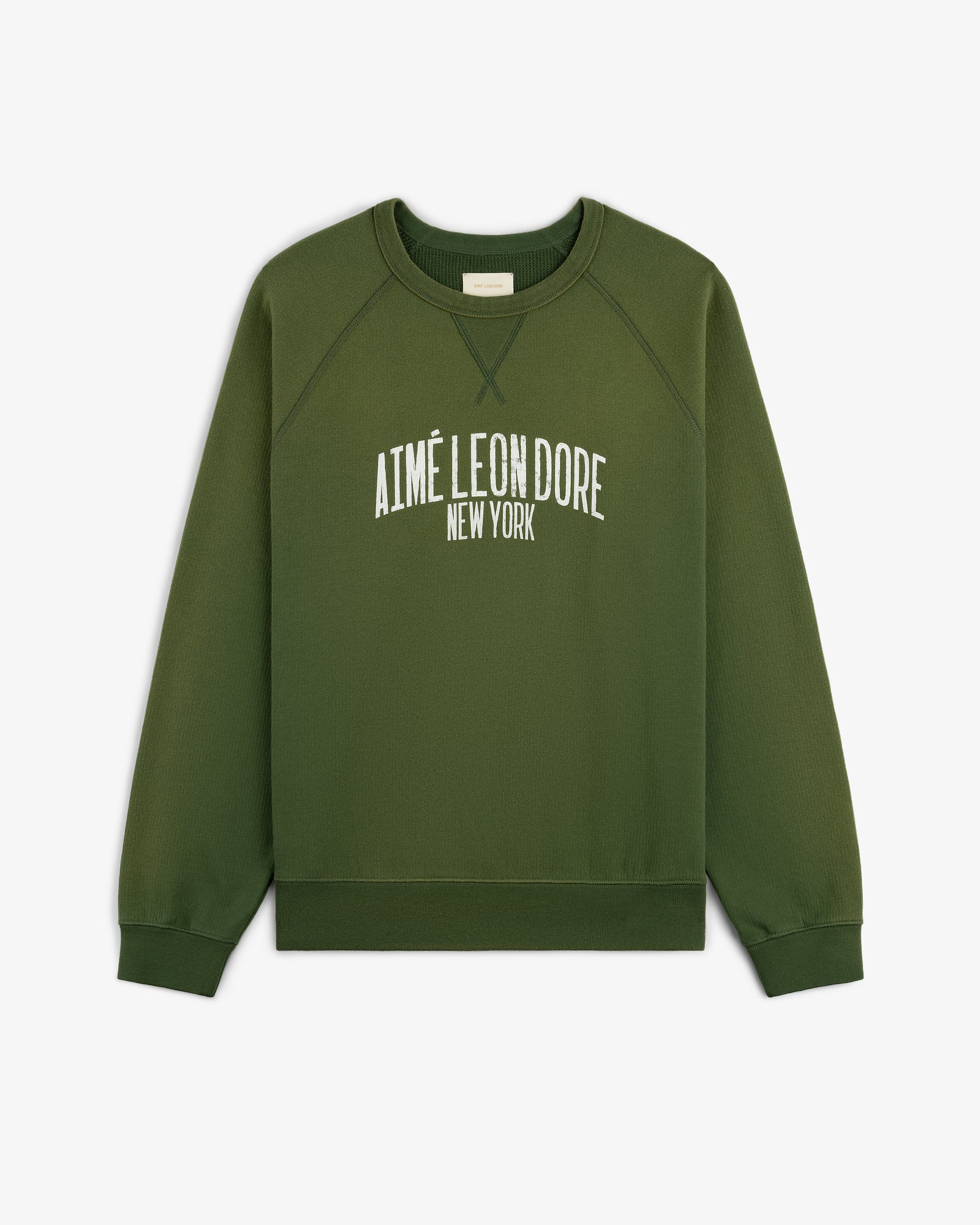 Vintage Washed Crewneck Sweatshirt in green with AIMÉ LEON DORE NEW YORK printed in white on the front.