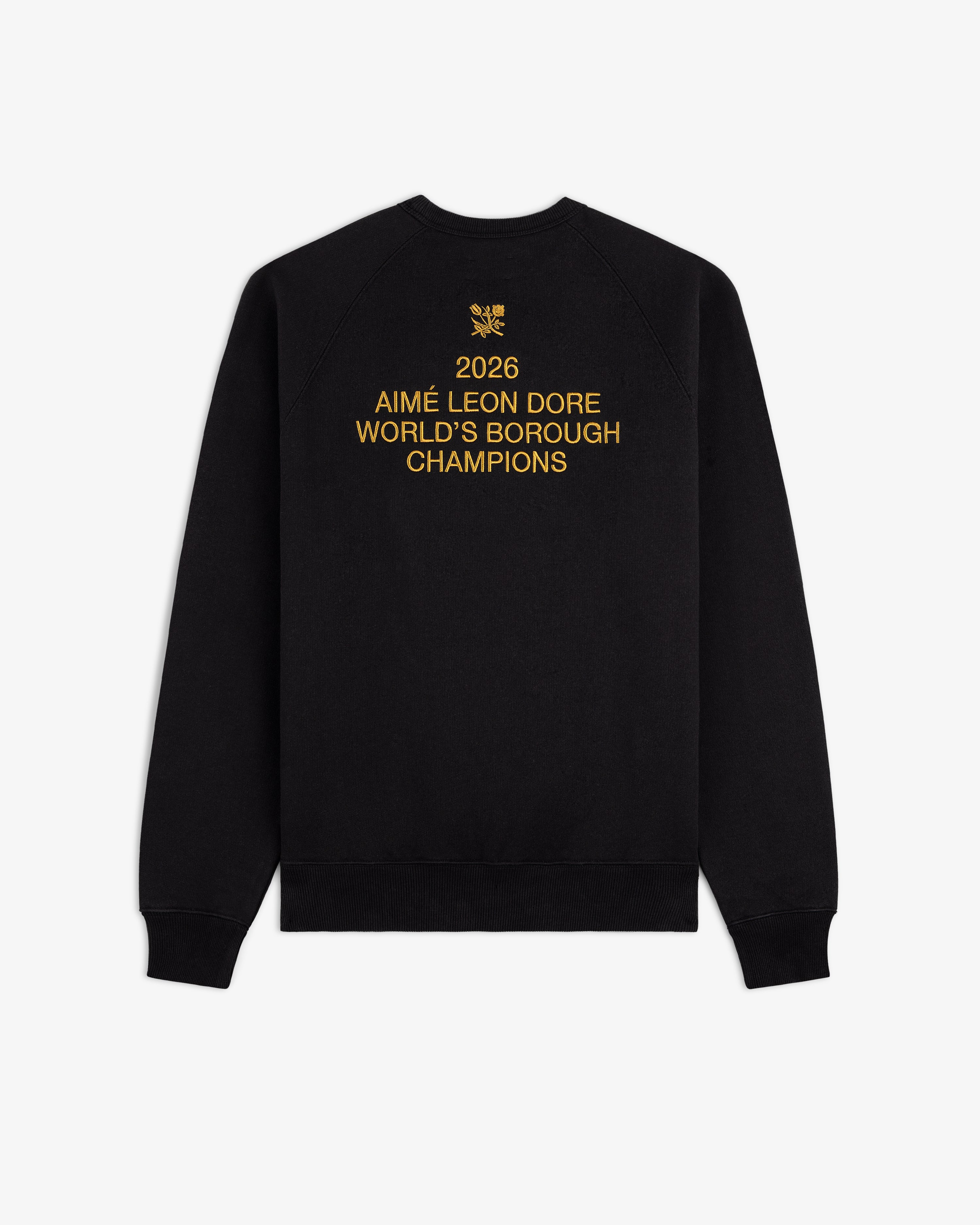 Black ALD / Technics World Champions Crewneck with gold 2026 text on back, shown on a white background.