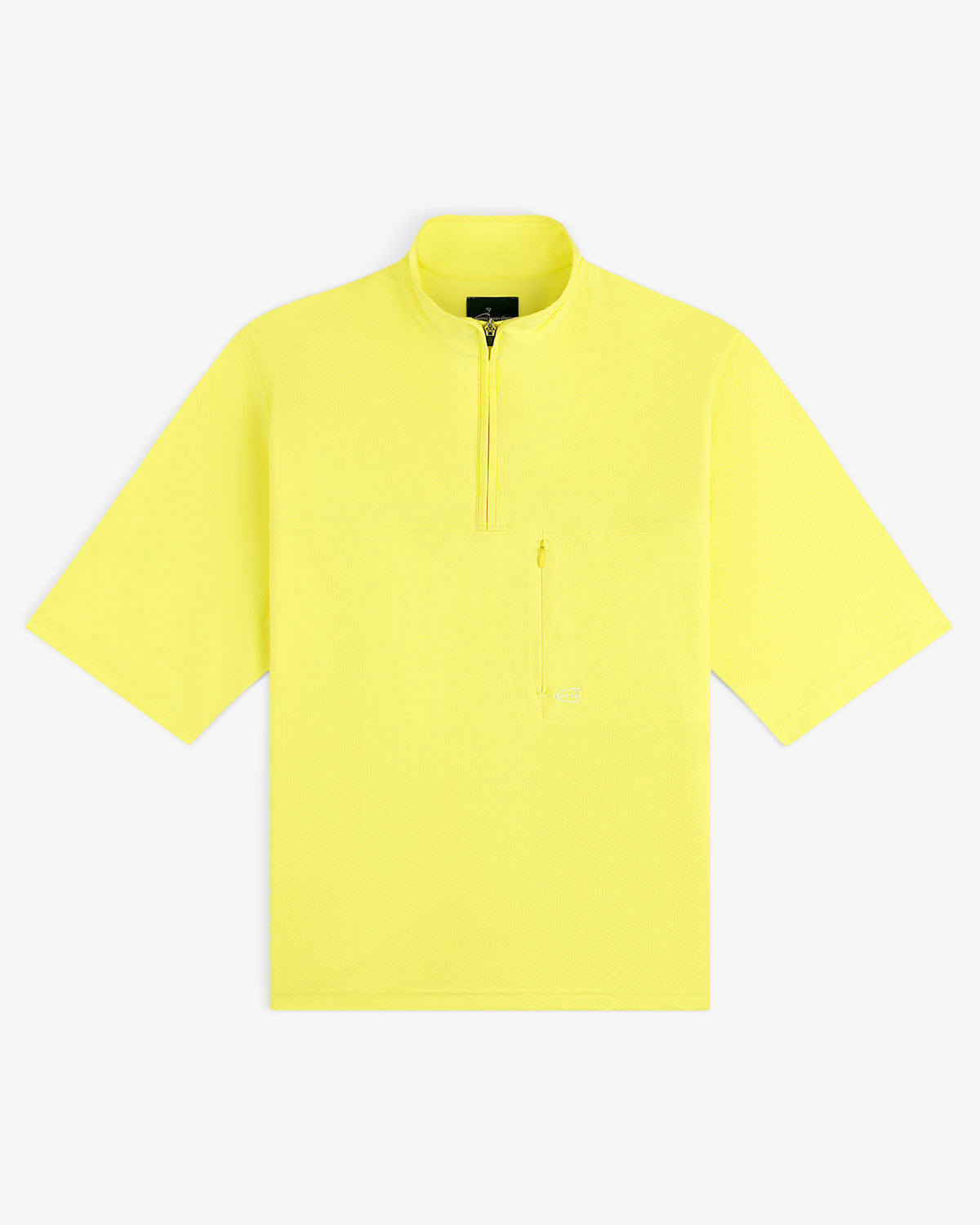 ALD Golf Quarter Zip Pullover in bright yellow, short sleeves, half-zip front, zip chest pocket, on white background.