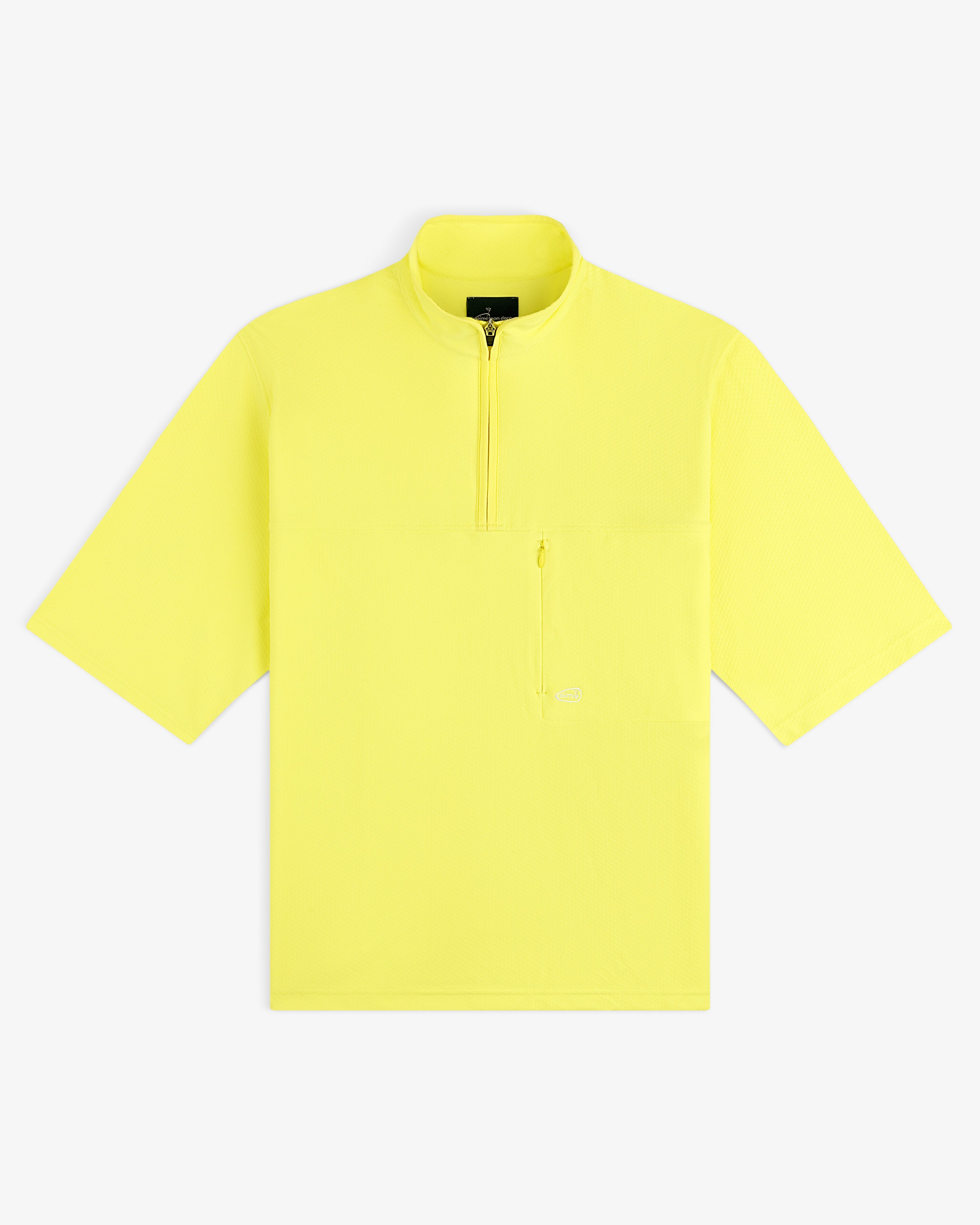ALD Golf Quarter Zip Pullover in bright yellow, short sleeves, half-zip front, zip chest pocket, on white background.
