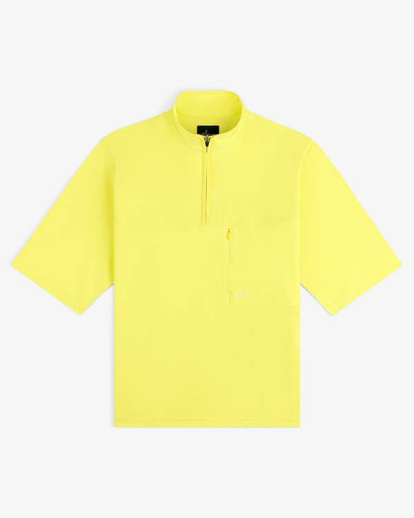 ALD Golf Quarter Zip Pullover in bright yellow, short sleeves, half-zip front, zip chest pocket, on white background.