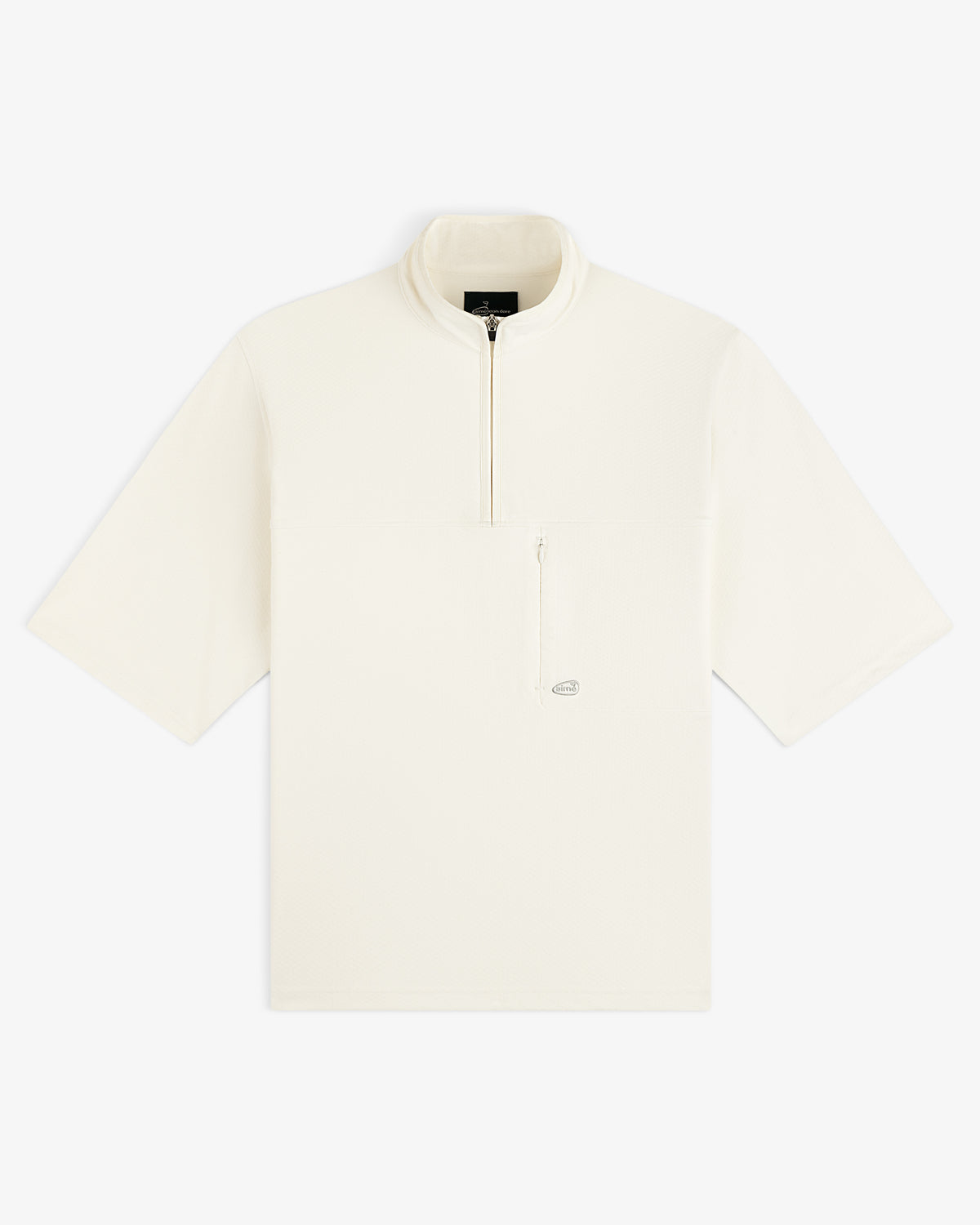ALD Golf Quarter Zip Pullover in off-white with short sleeves and a zippered chest pocket, shown on white background.