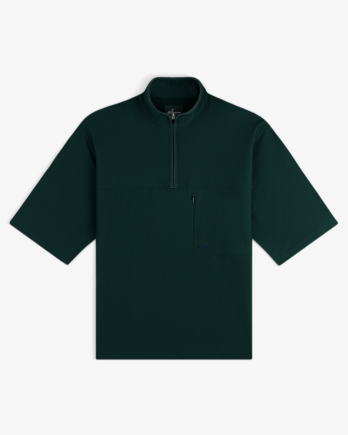 ALD Golf Quarter Zip Pullover in dark green, with short sleeves and chest zip pocket, shown flat on white background.