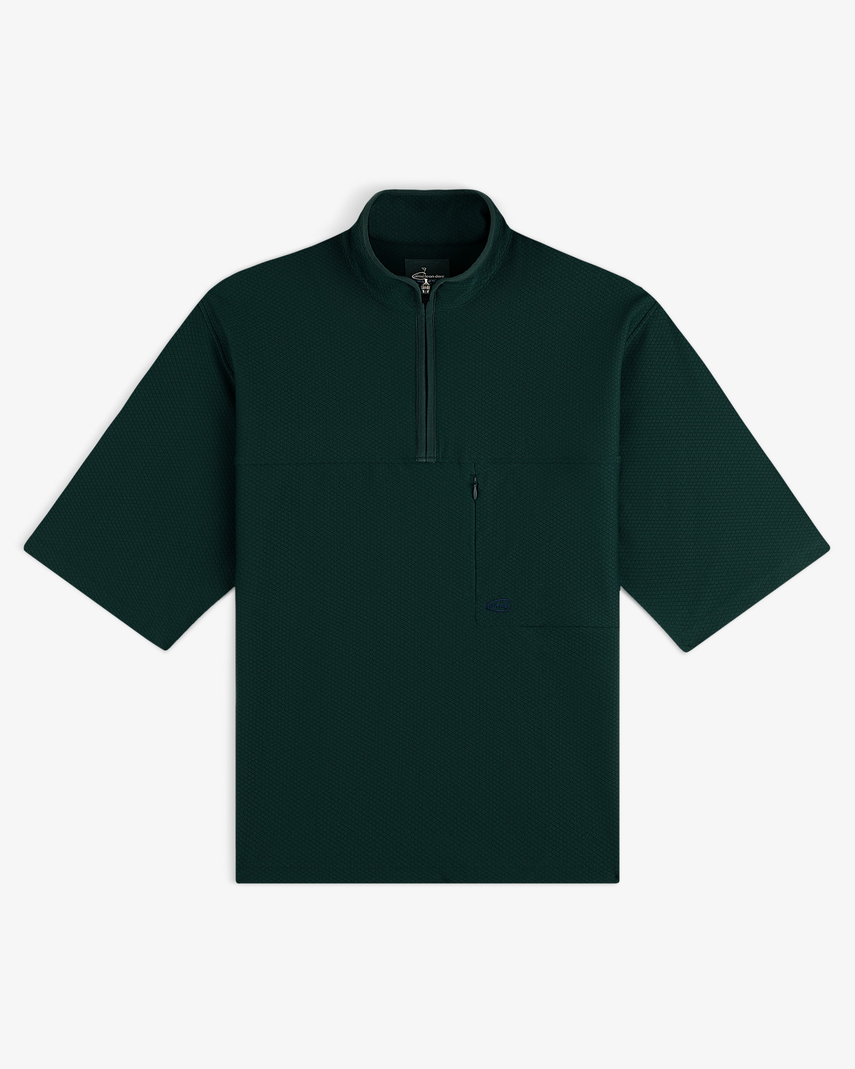 ALD Golf Quarter Zip Pullover in dark green, with short sleeves and chest zip pocket, shown flat on white background.