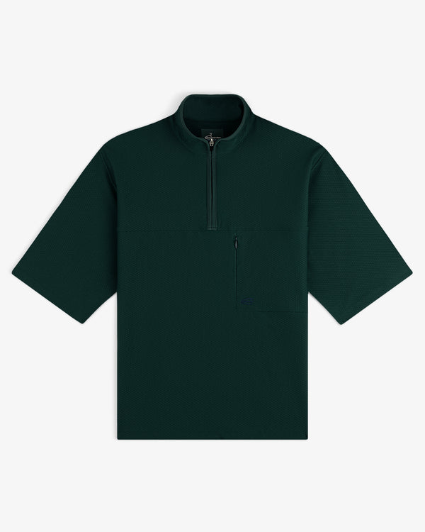 ALD Golf Quarter Zip Pullover in dark green, with short sleeves and chest zip pocket, shown flat on white background.