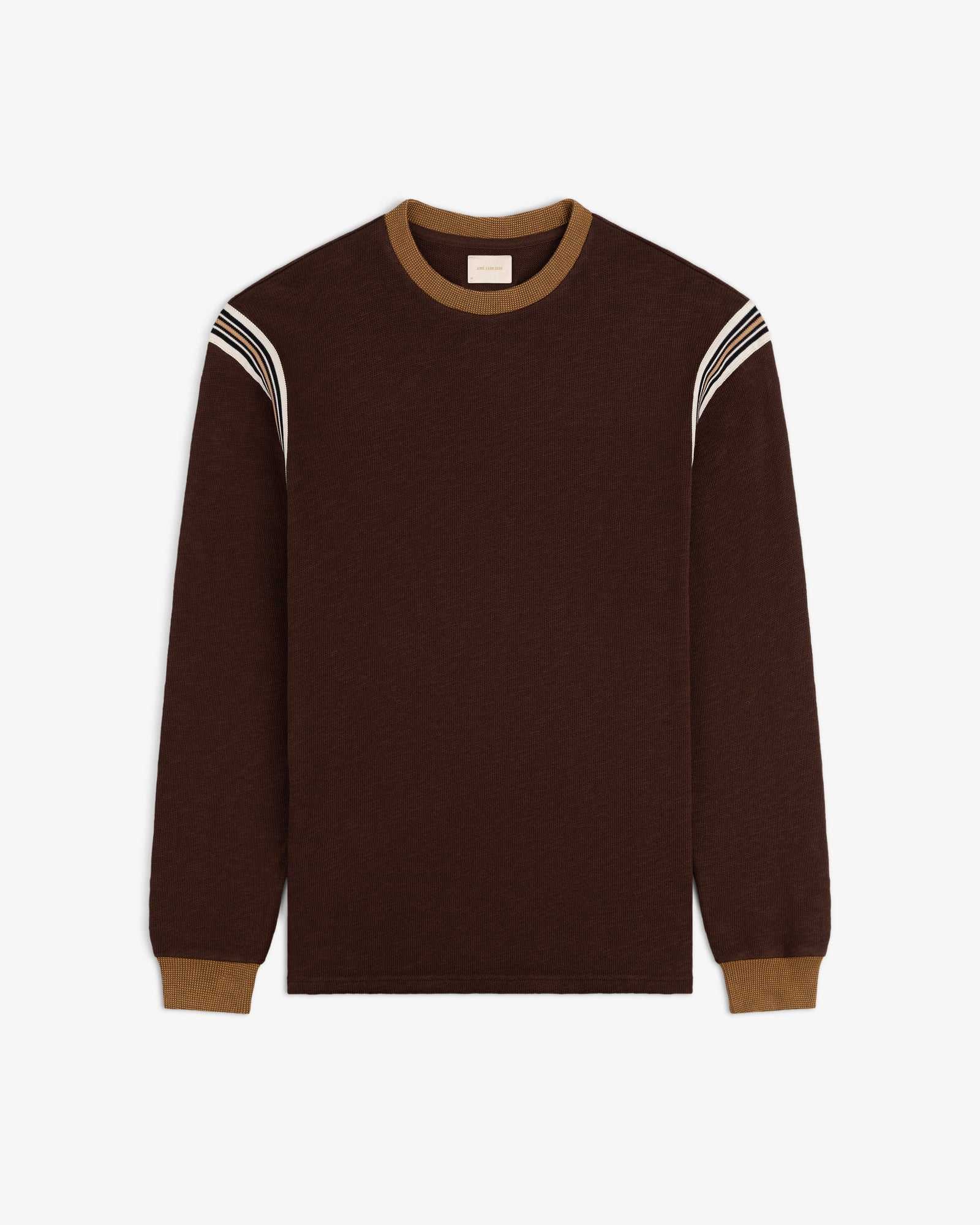 Long-Sleeve Slub Football Tee in dark brown with tan cuffs, collar, and white shoulder stripes.