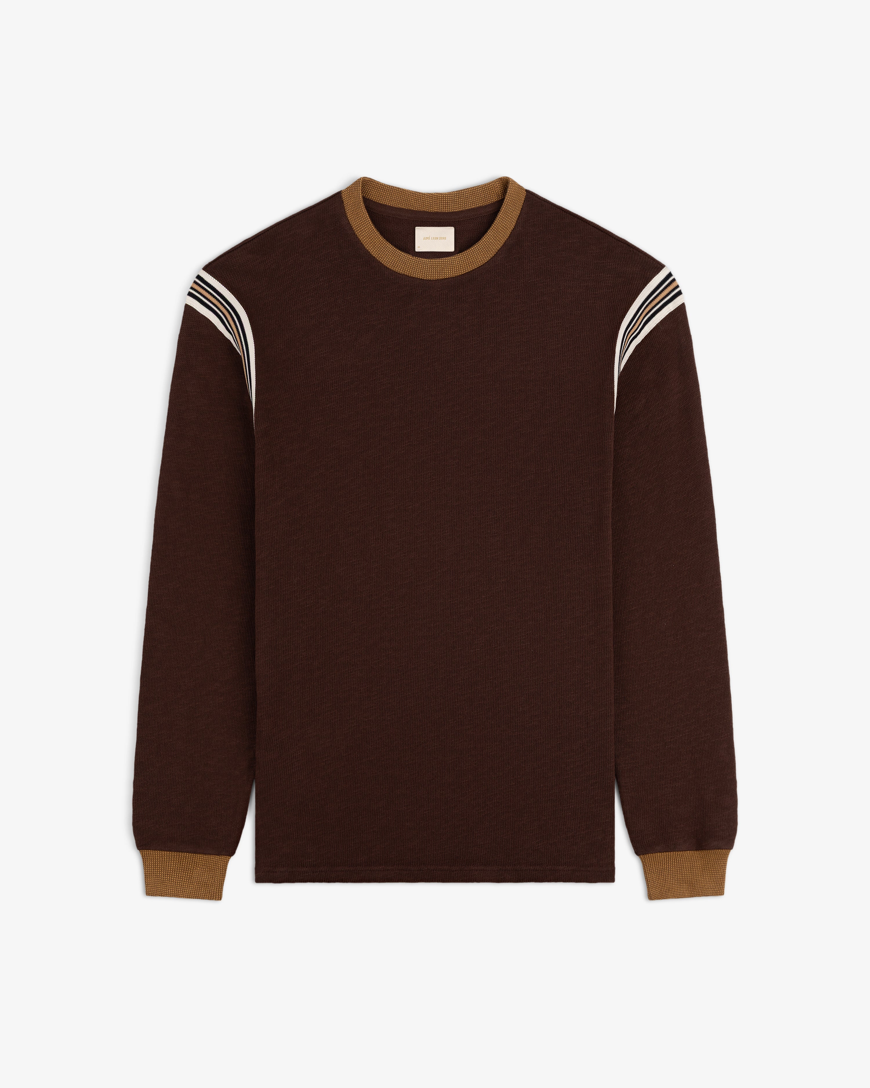Long-Sleeve Slub Football Tee in dark brown with tan cuffs, collar, and white shoulder stripes.