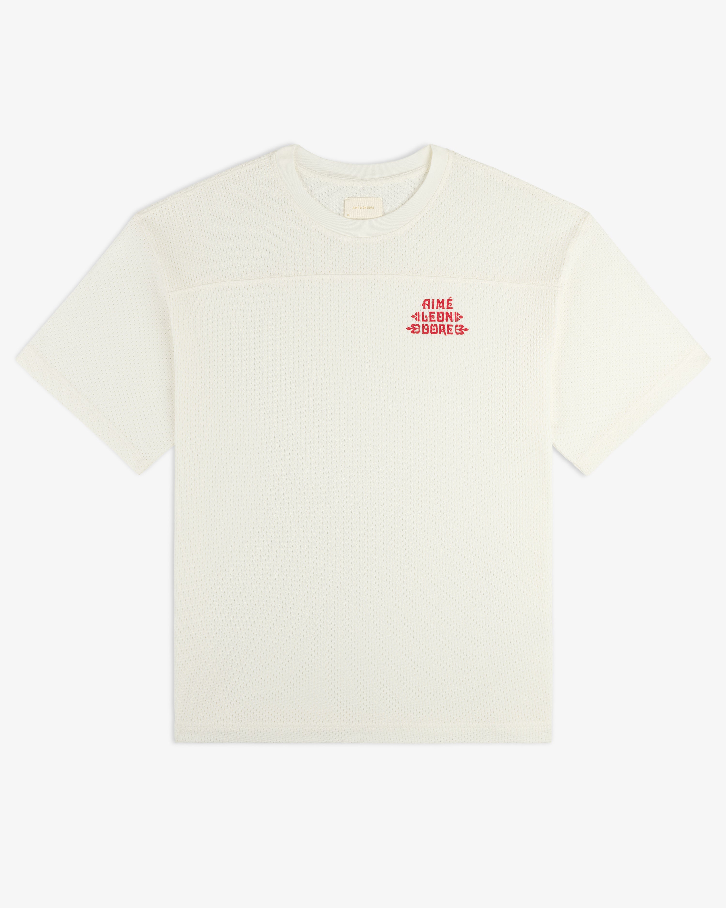 White short-sleeve mesh Pointelle Stacked Logo Tee with small red Alime Blend Board text on the left chest.