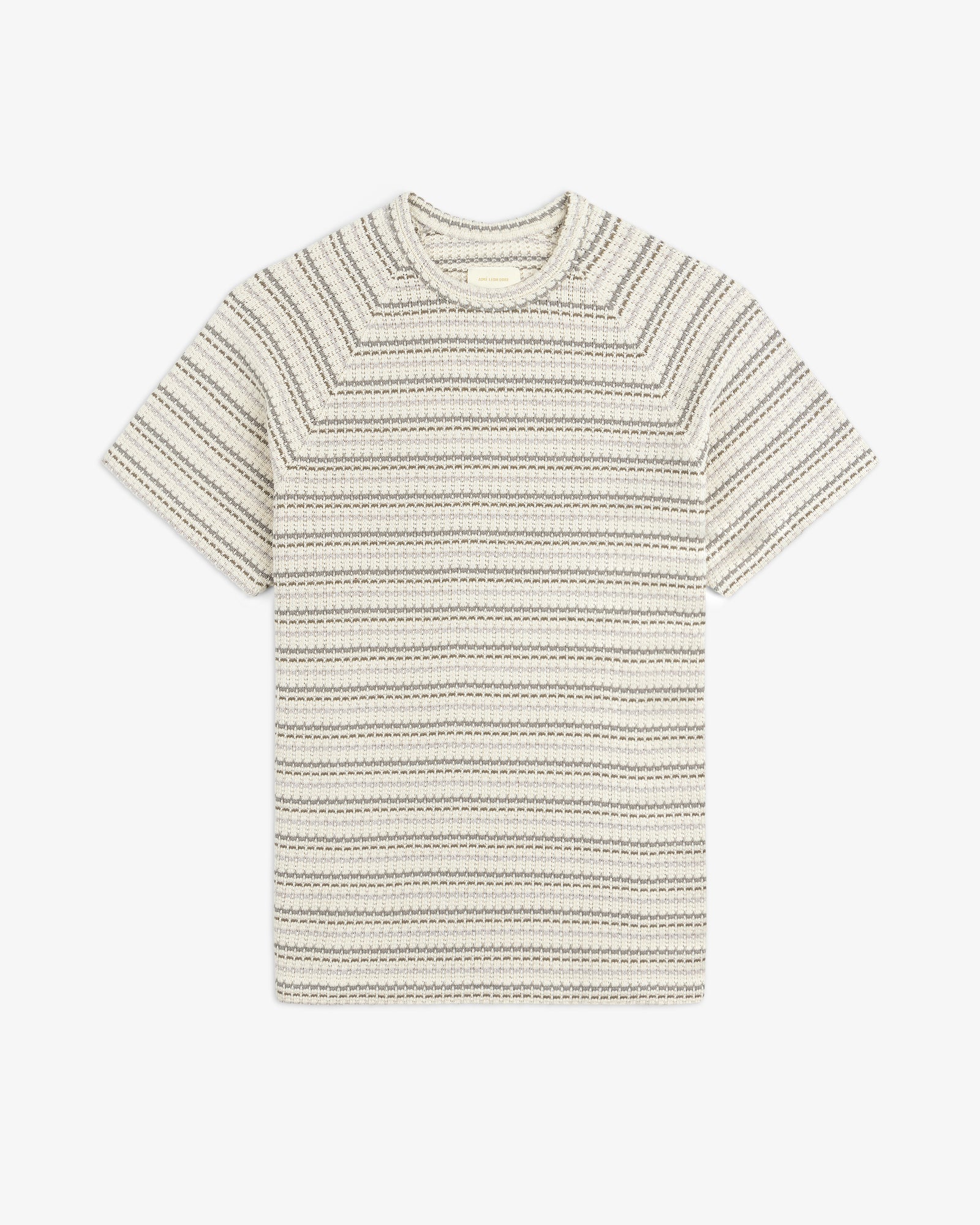 Jacquard Striped Tee: cream, short-sleeve with thin black and tan stripes and a textured knit pattern, laid flat.
