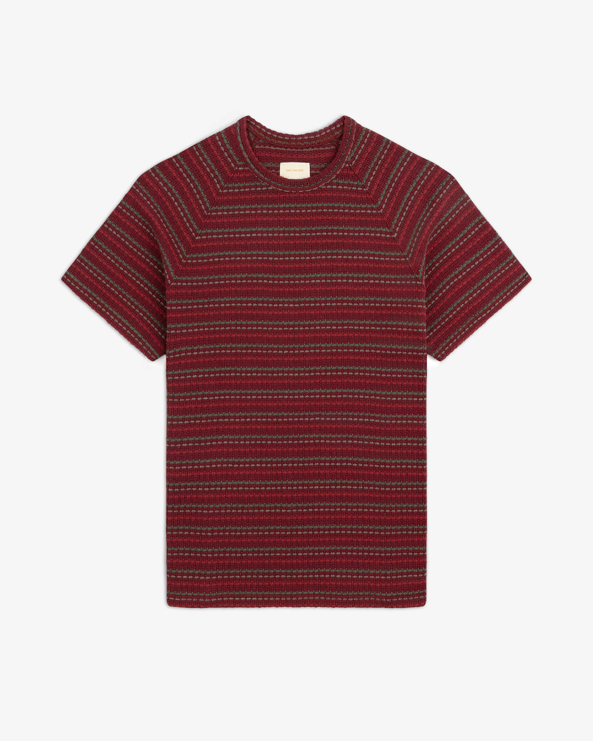 Jacquard Striped Tee in red with gray and black horizontal stripes, shown flat on a white background.