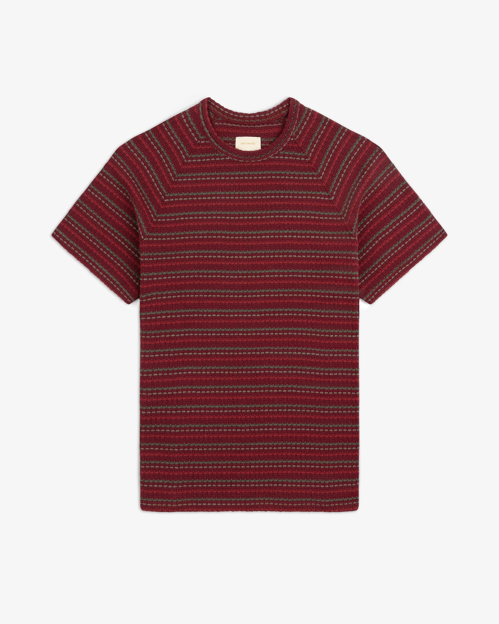 Jacquard Striped Tee in red with gray and black horizontal stripes, shown flat on a white background.