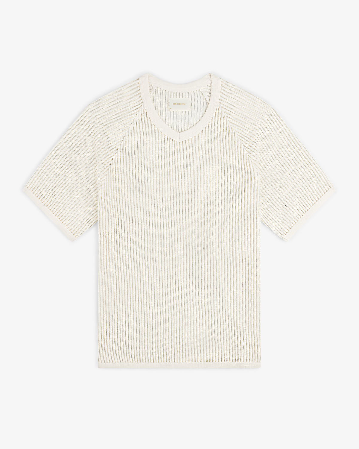 Cream-colored Mesh V-Neck Tee with short sleeves, ribbed knit, displayed flat on a white background.