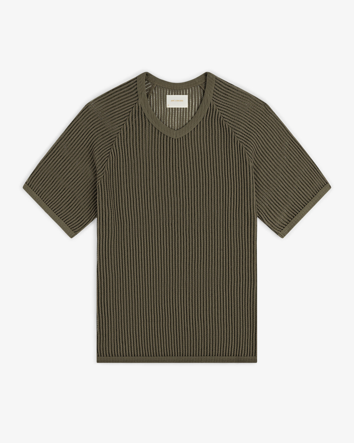 Olive green Mesh V-Neck Tee, ribbed and short-sleeve, laid flat on a white background.