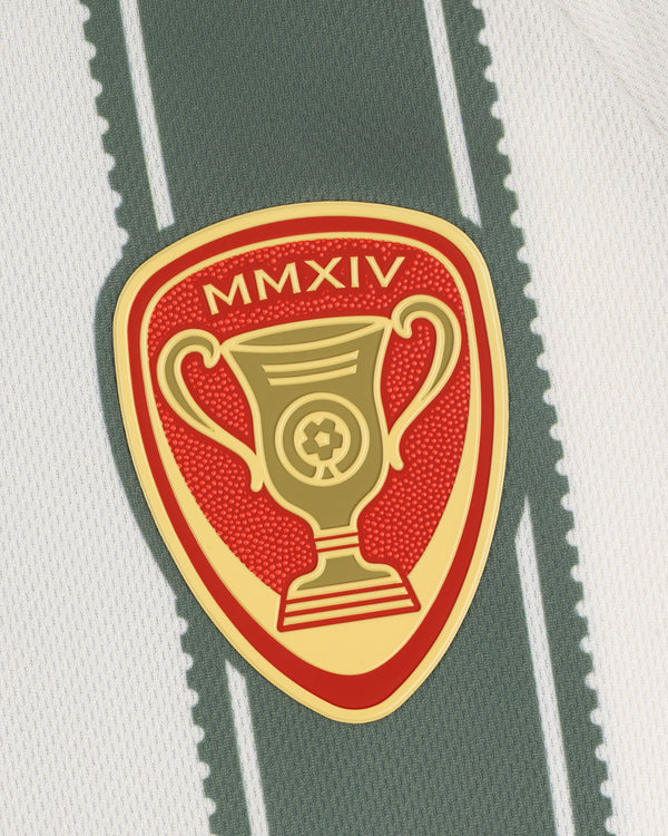 The Aimé Cup Soccer Jersey features a gold and red trophy badge with MMXIV on white and green striped fabric.