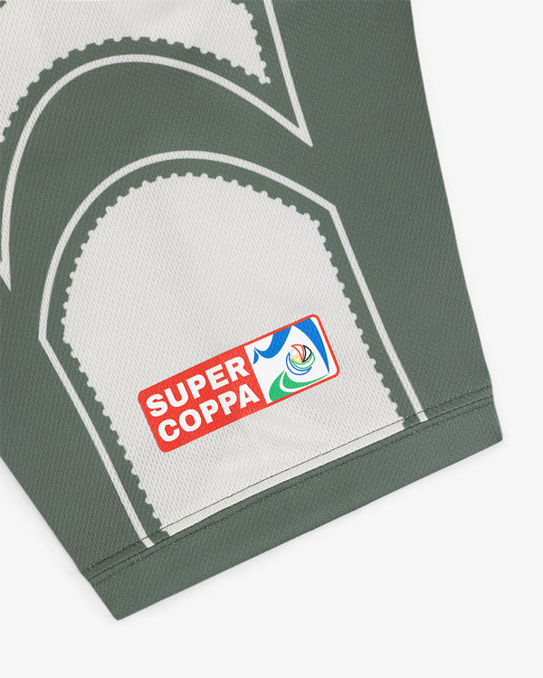 Close-up of the Aimé Cup Soccer Jersey in gray, featuring a Super Coppa patch with a colorful logo on the fabric.