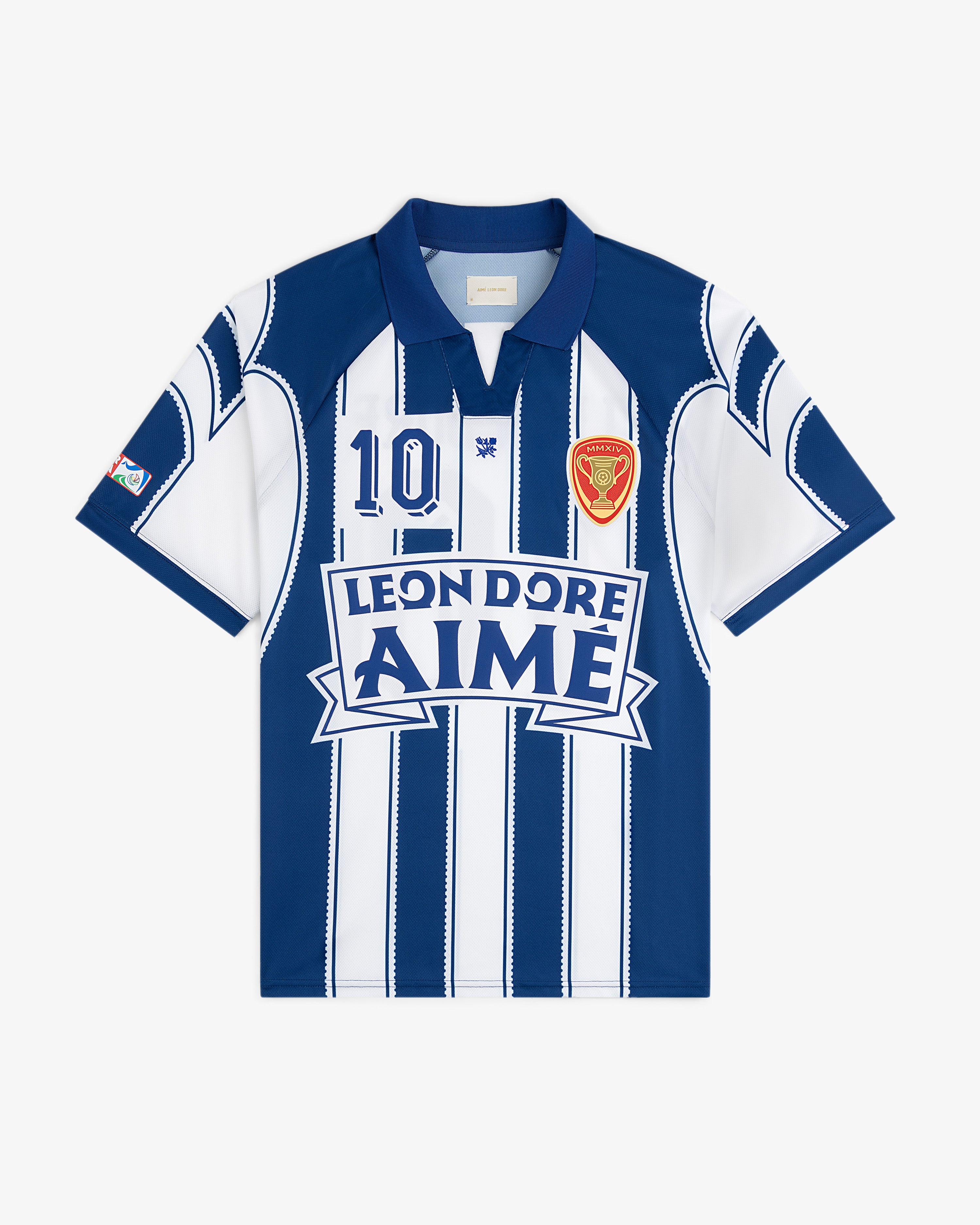 Aimé Cup Soccer Jersey: blue and white stripes, LEON DORE AIME text, red-yellow chest crest.