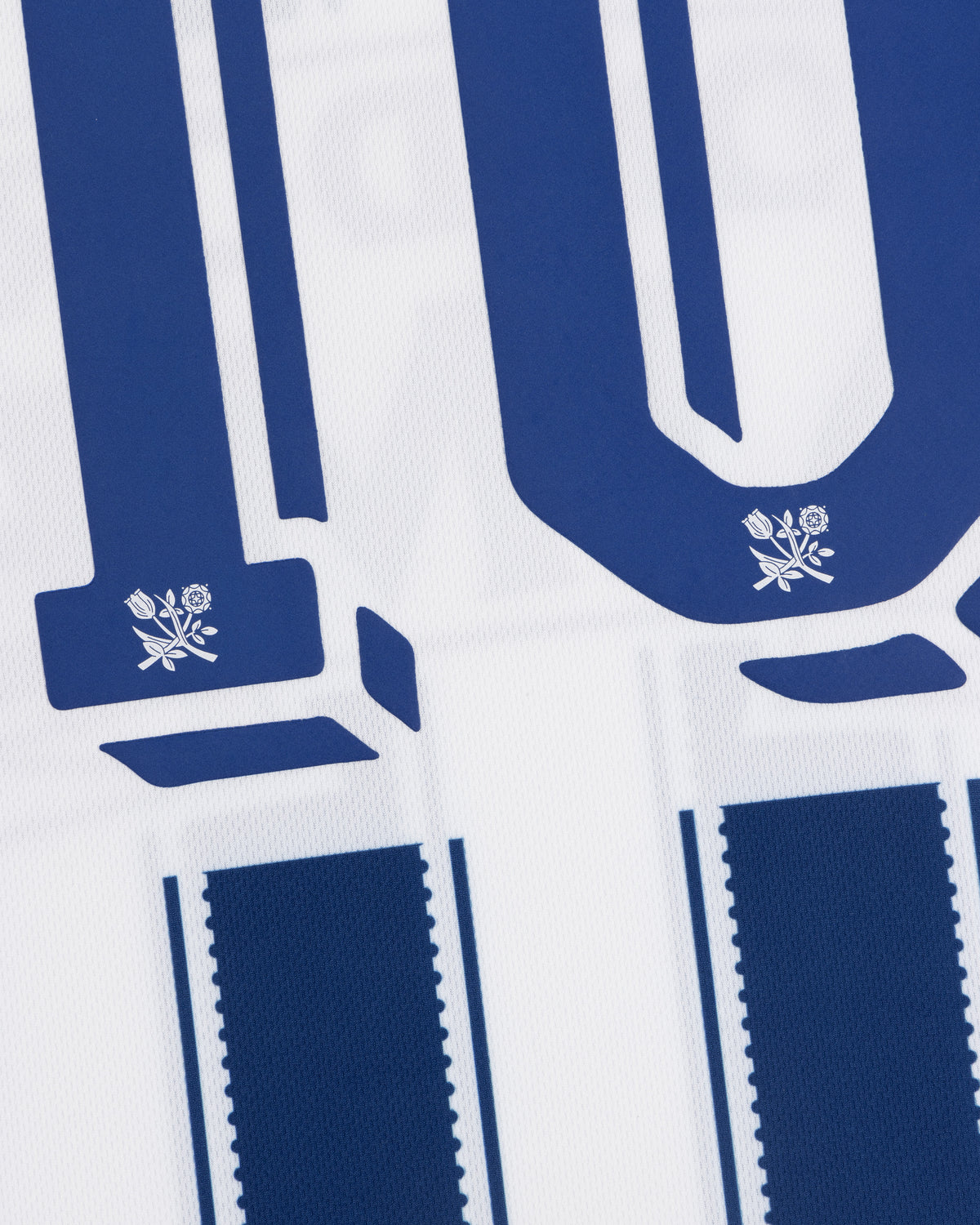 Close-up of the Aimé Cup Soccer Jersey in blue and white stripes, featuring number 10 and floral emblems.