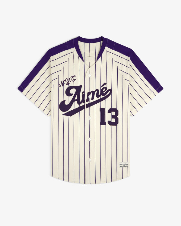 Cream and purple pinstriped Aimé Baseball Jersey with “Aimé” and 13 on the front.