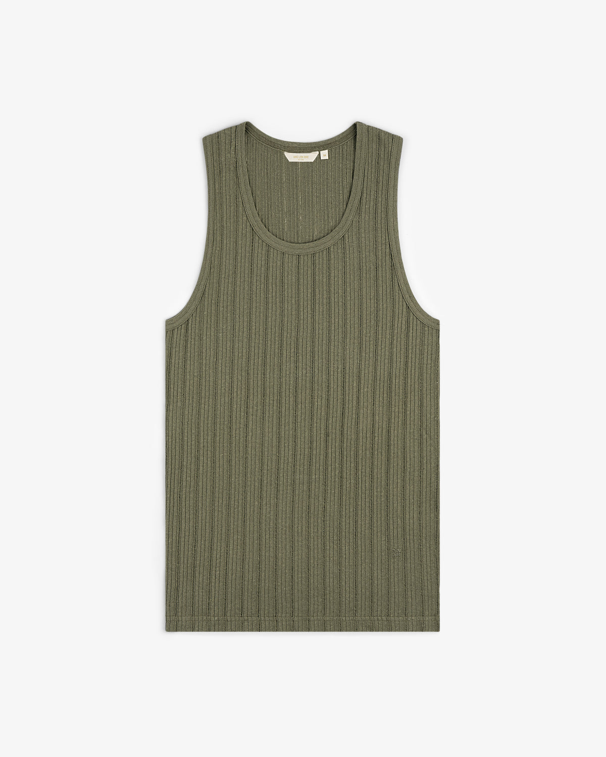 Drop Needle Tank Top in olive green, ribbed style, laid flat on a white background.