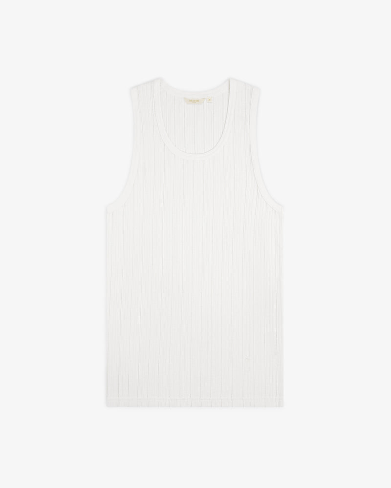 Drop Needle Tank Top in white, ribbed and sleeveless, laid flat on a plain white background.