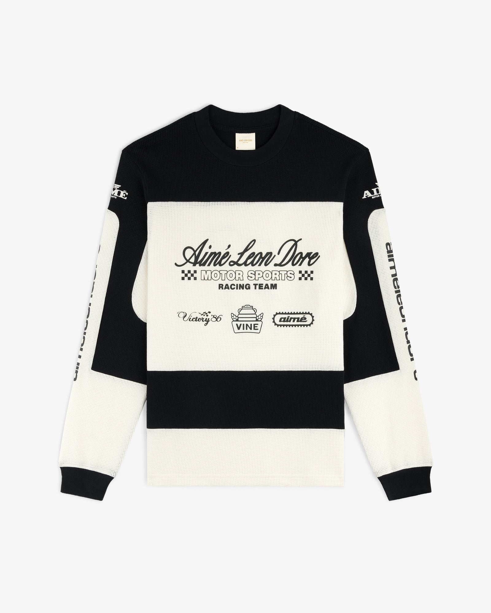 The Long-Sleeve Mesh Enduro Tee features racing logos and Aimé Leon Dore Motor Sports Racing Team on the front.