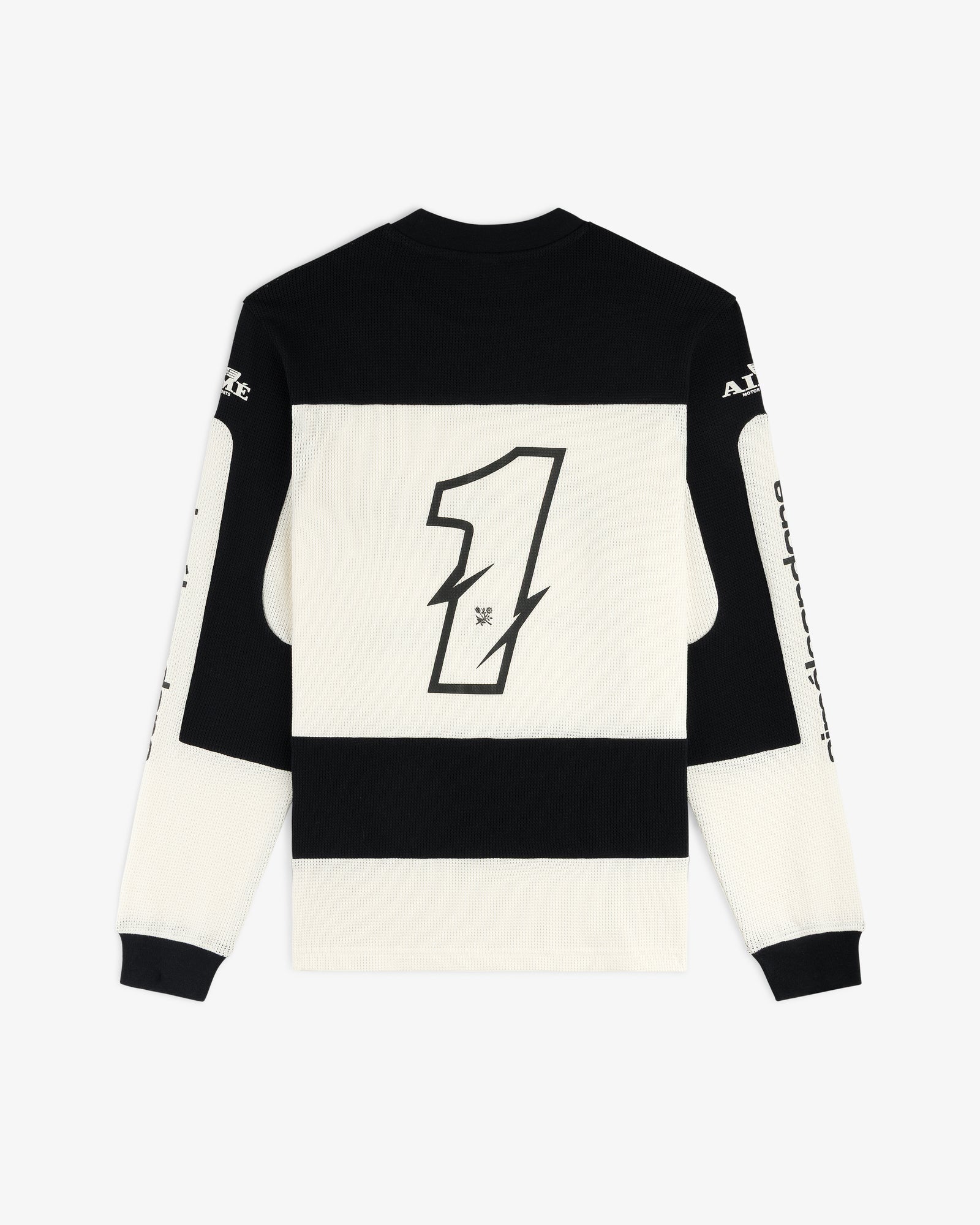 Long-Sleeve Mesh Enduro Tee in black and white with a large number 1 on the back and text on the sleeves.