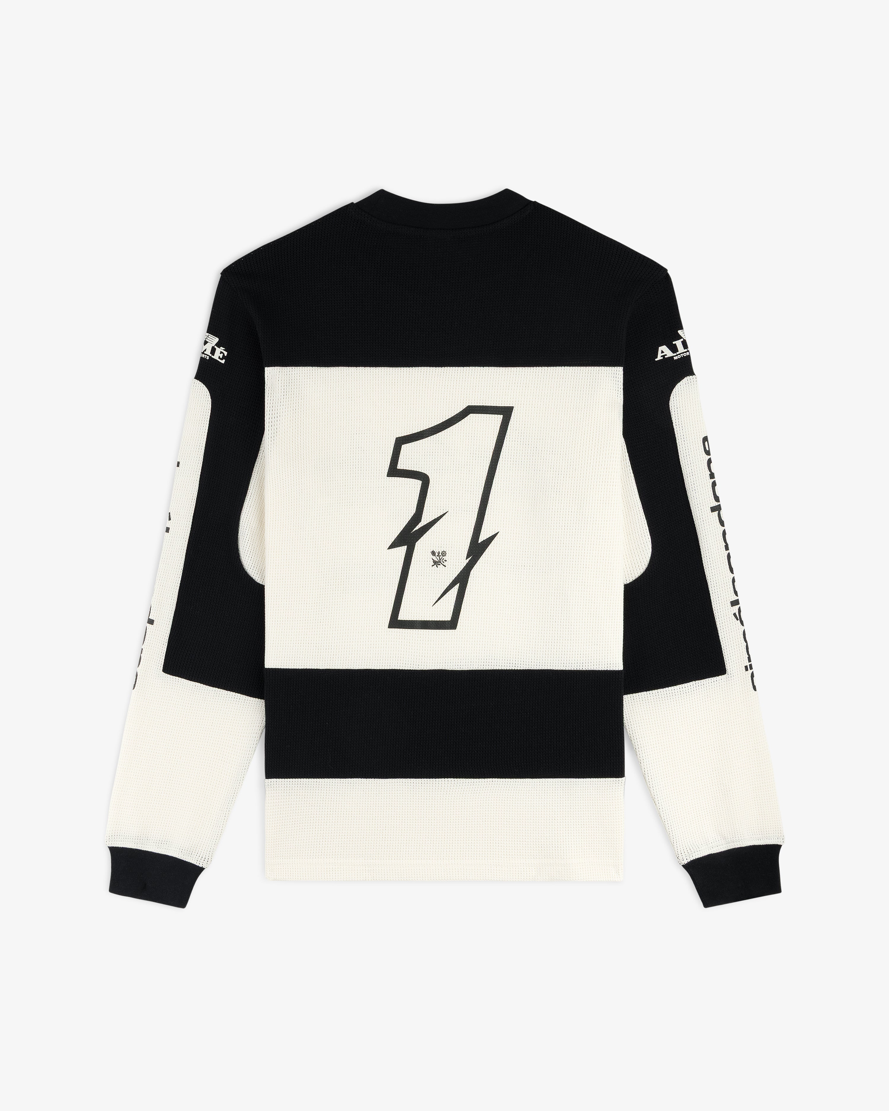 Long-Sleeve Mesh Enduro Tee in black and white with a large number 1 on the back and text on the sleeves.
