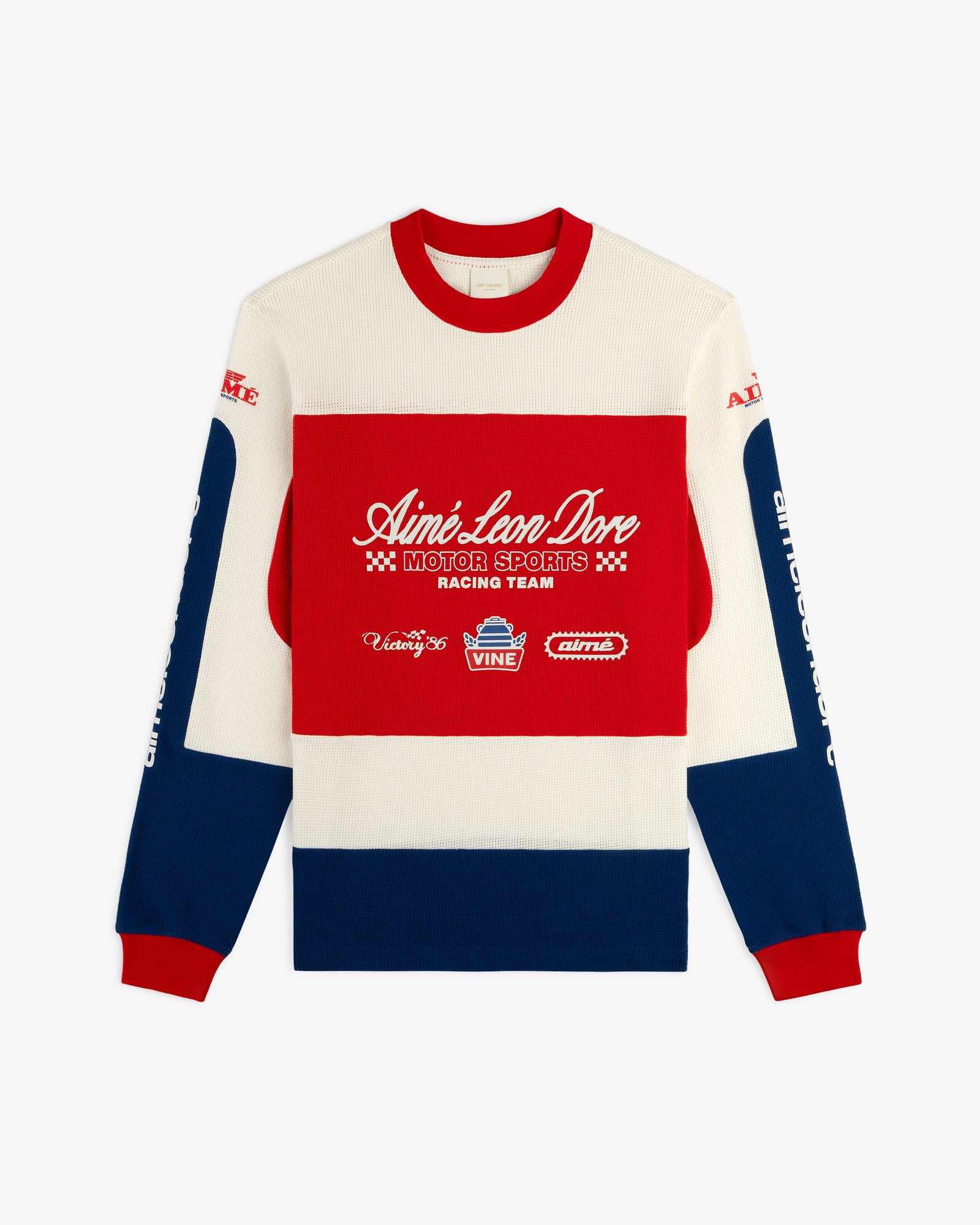 Long-Sleeve Mesh Enduro Tee with red, white, and blue colorblock panels plus racing text and logos on front and sleeves.