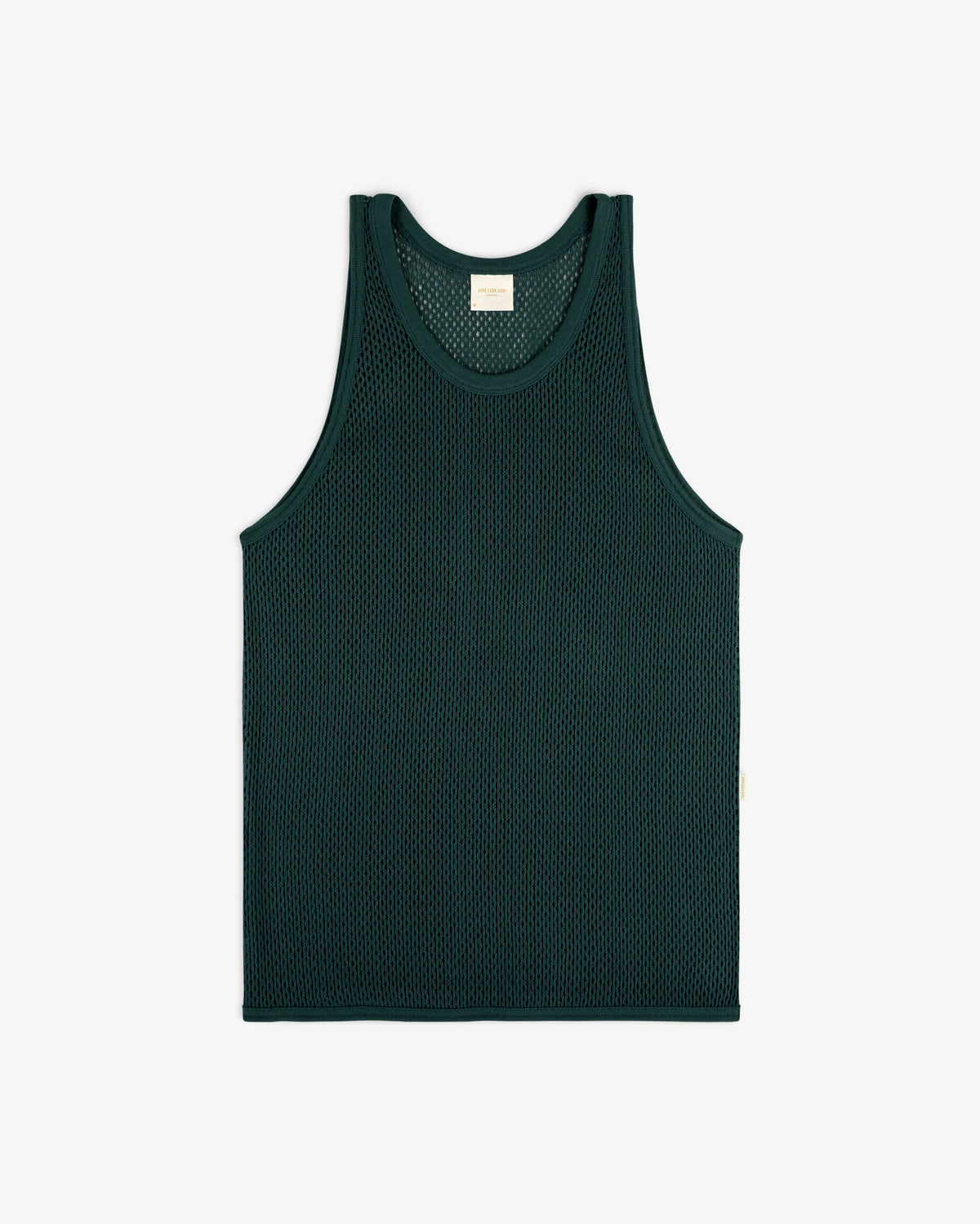 Mesh Tank Top in dark green with a round neckline and wide armholes, laid flat on a white background.