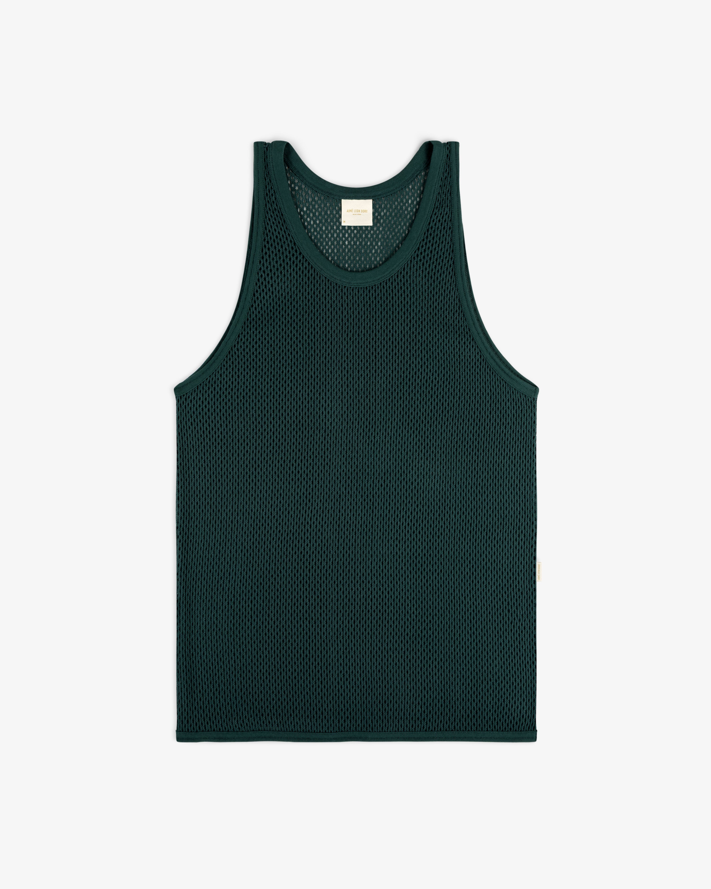 Mesh Tank Top in dark green with a round neckline and wide armholes, laid flat on a white background.