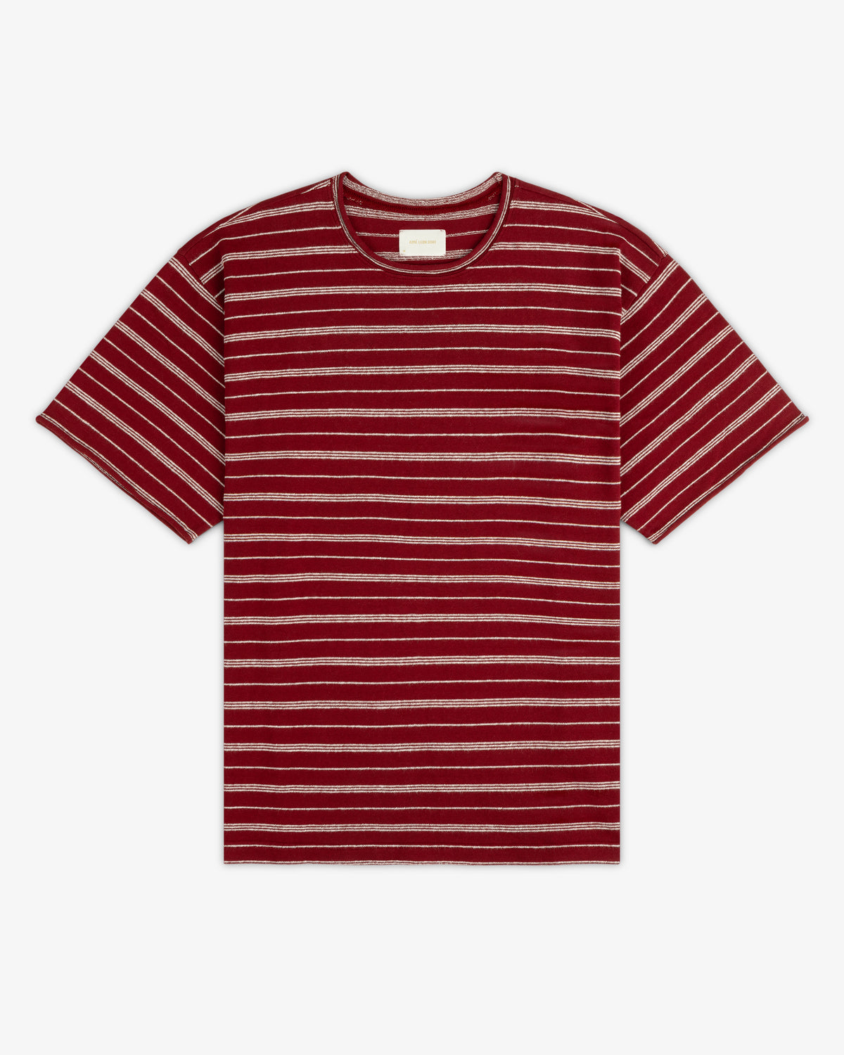 Jacquard Striped Rollneck Tee in red with white and pink stripes, displayed flat on a white background.