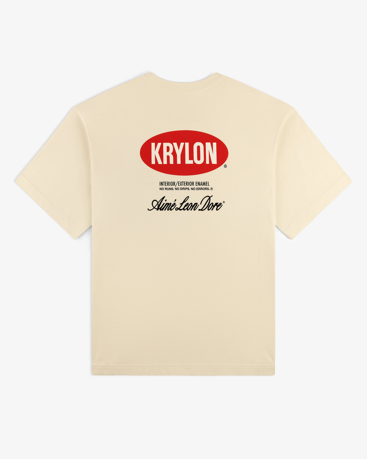 Back of beige Krylon Logo Tee with red KRYLON logo and black Aimé Leon Dore text printed below.