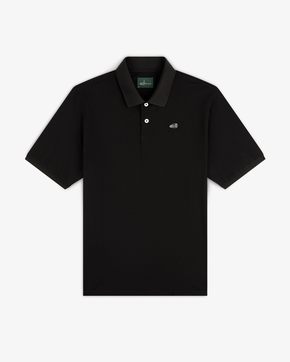 ALD Golf Polo: black short-sleeve shirt with collar, buttons, and small left-chest logo.