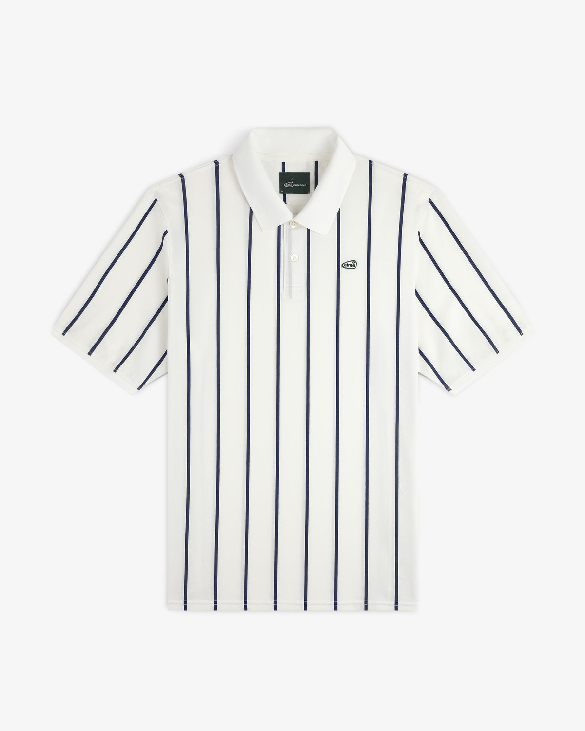 ALD Golf Polo: White with navy vertical stripes and a small green logo embroidered on the left chest.
