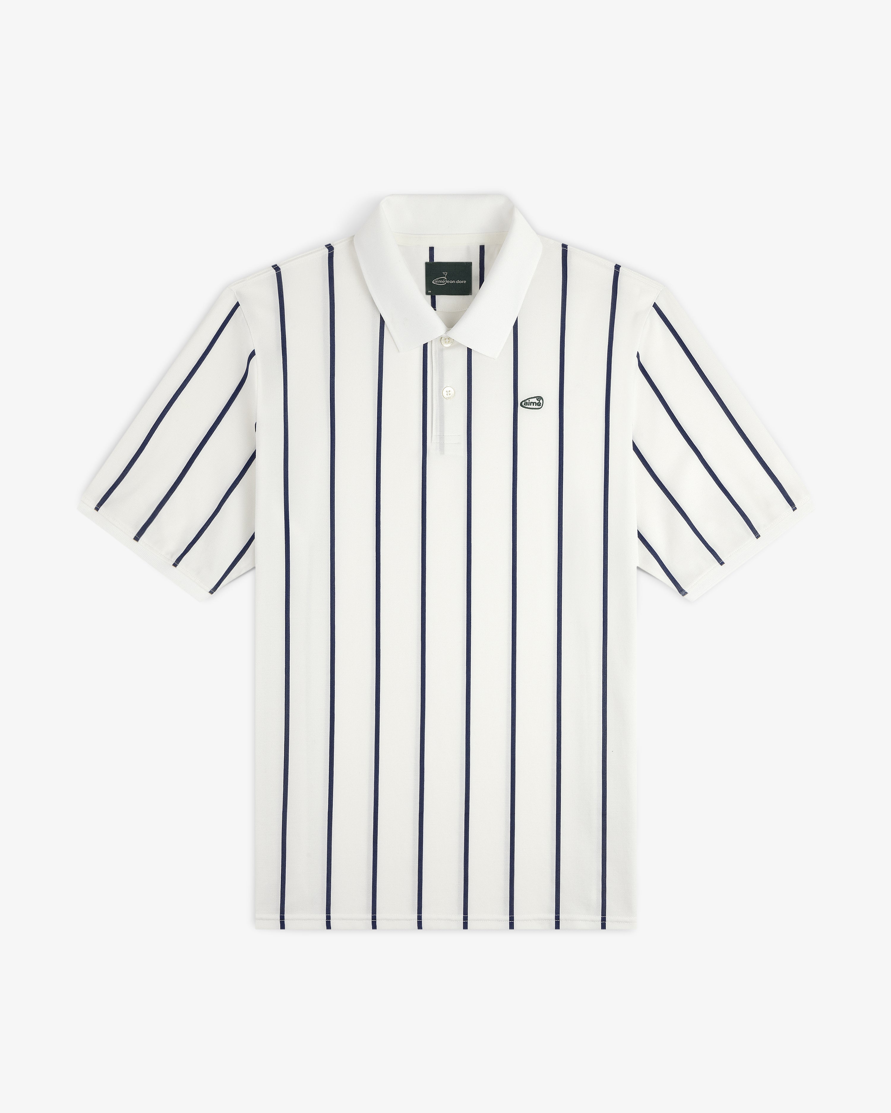 ALD Golf Polo: White with navy vertical stripes and a small green logo embroidered on the left chest.