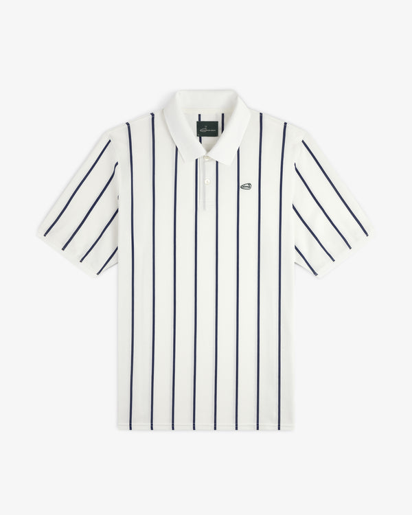 ALD Golf Polo: White with navy vertical stripes and a small green logo embroidered on the left chest.