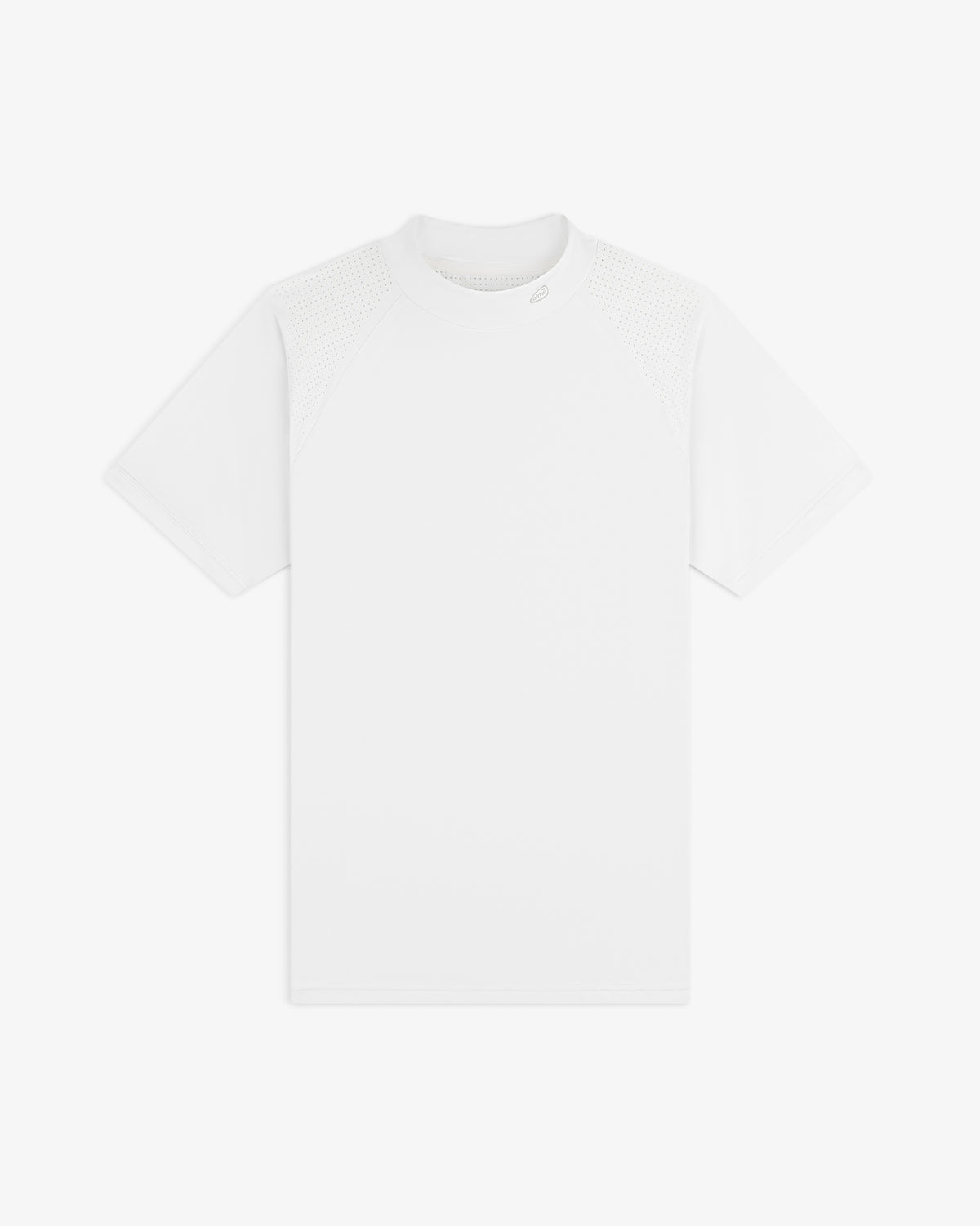 ALD Golf Performance Tee—white short-sleeve athletic shirt with mesh-shoulder detail, shown on a white background.