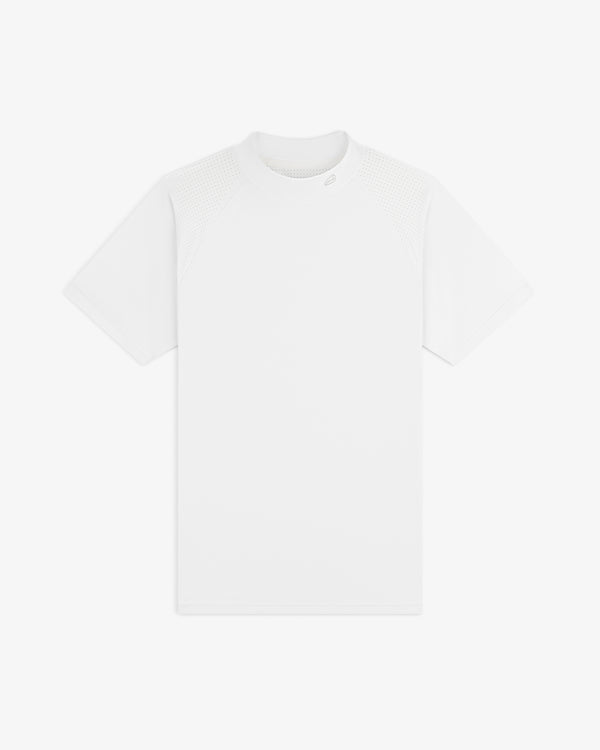 ALD Golf Performance Tee—white short-sleeve athletic shirt with mesh-shoulder detail, shown on a white background.