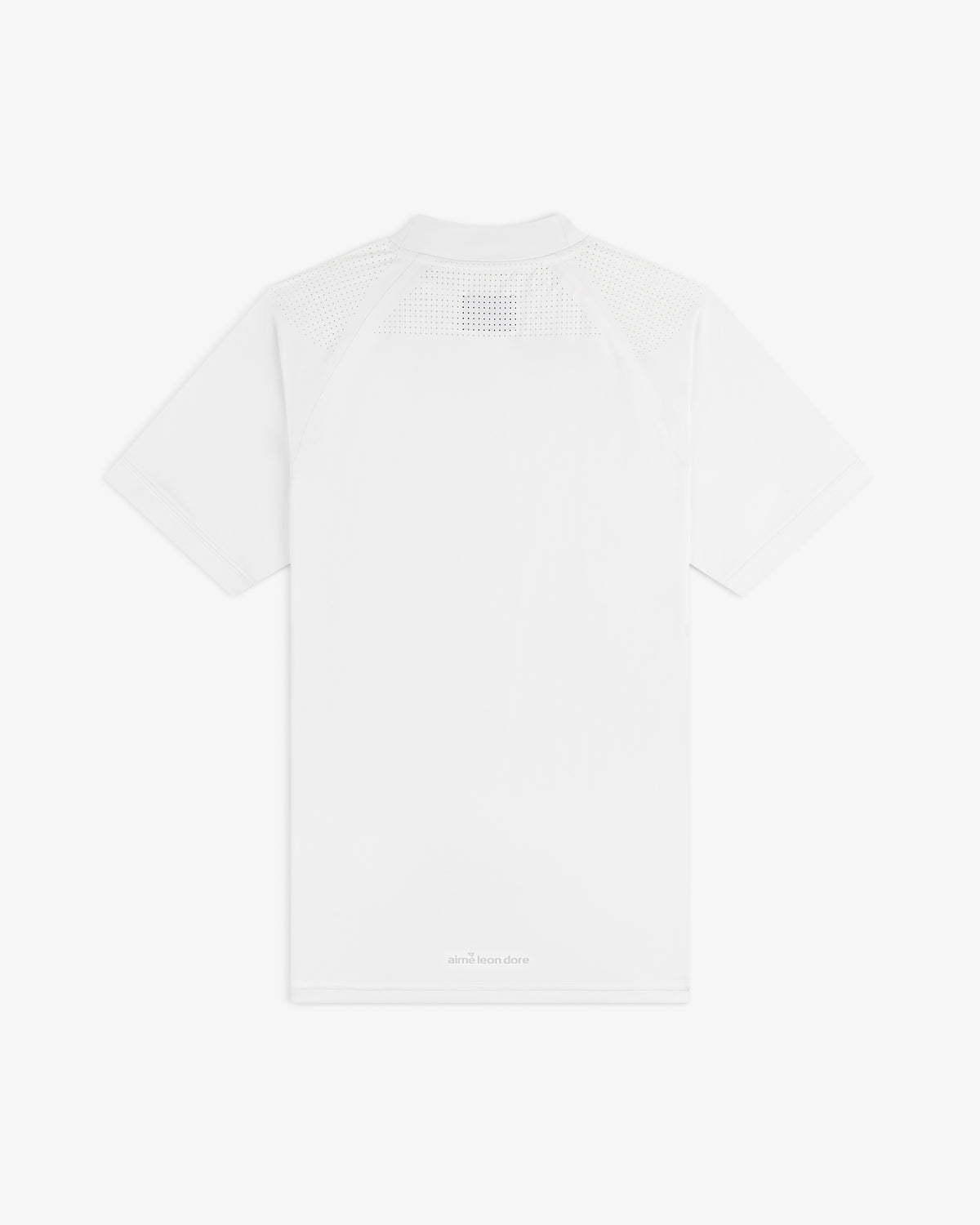 Back of the ALD Golf Performance Tee: plain white, mesh on upper shoulders, subtle text near the hem.