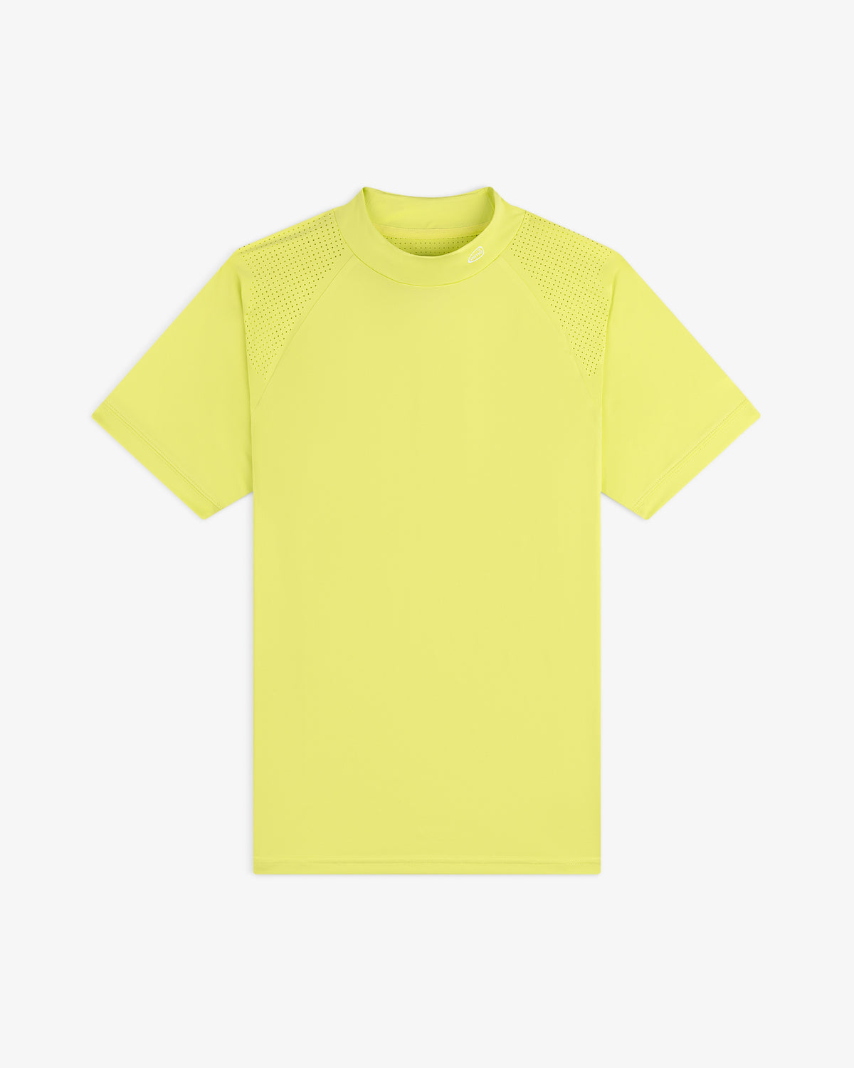 ALD Golf Performance Tee in bright yellow with textured shoulder panels, shown flat on a white background.