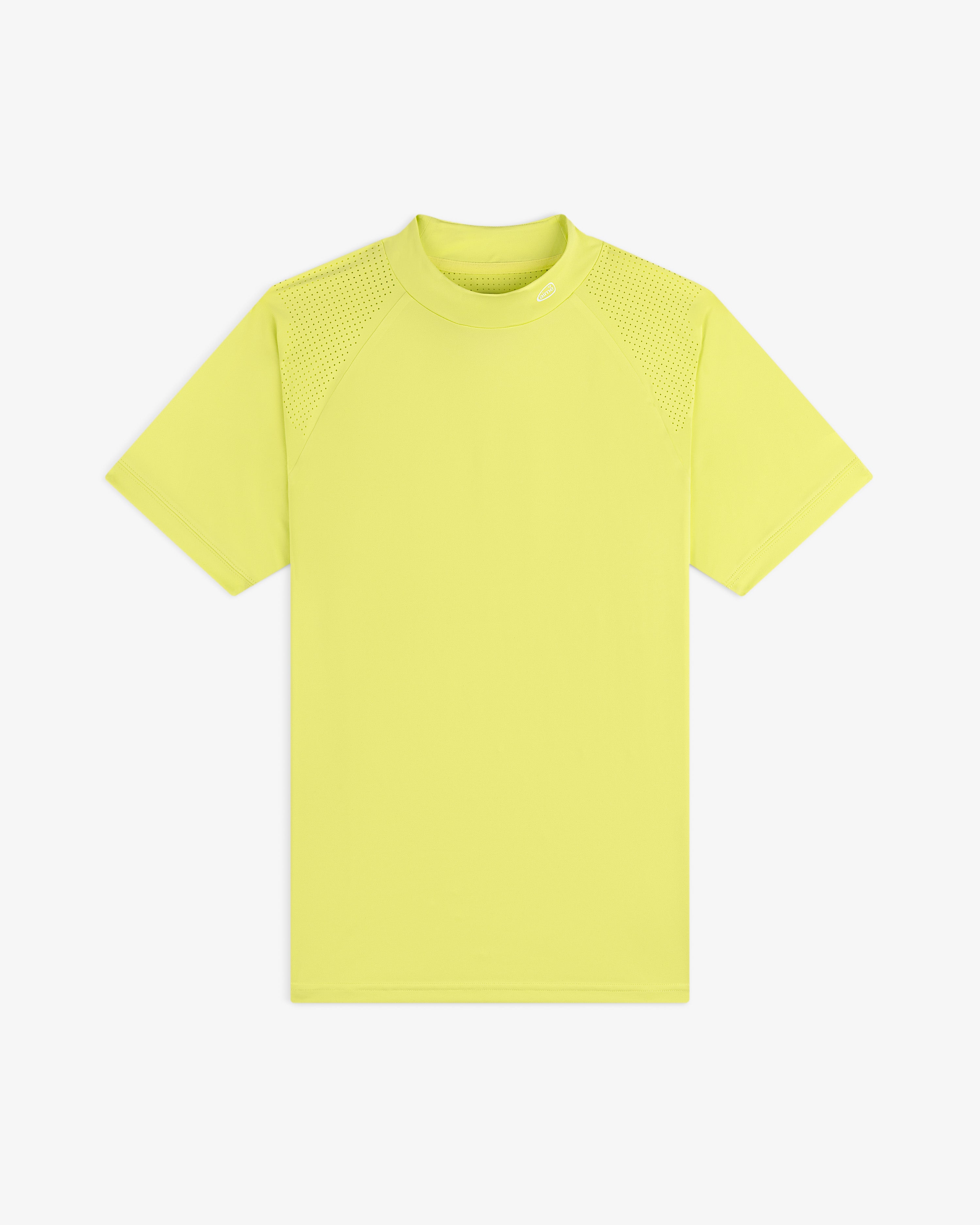 ALD Golf Performance Tee in bright yellow with textured shoulder panels, shown flat on a white background.