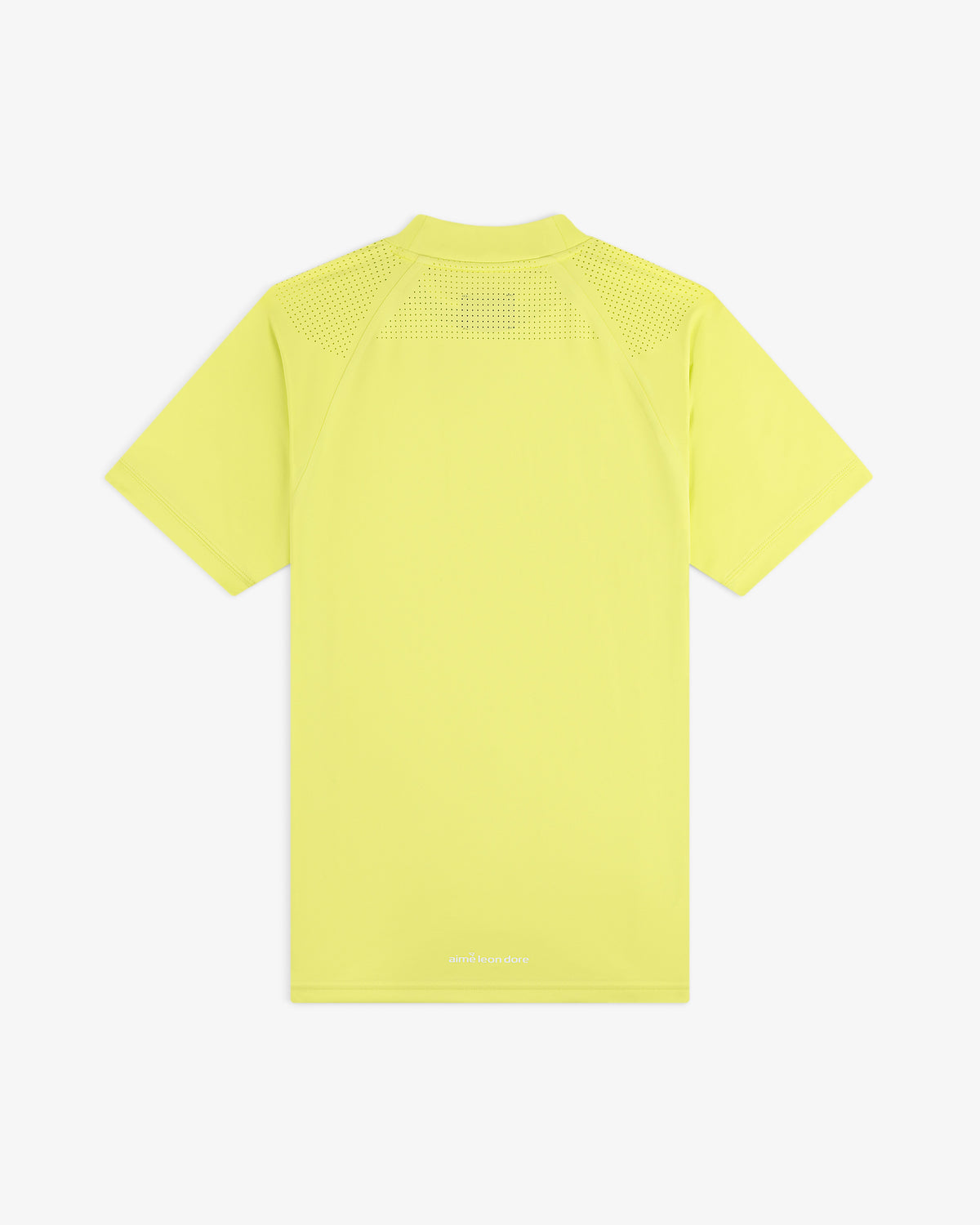 Back view of ALD Golf Performance Tee: short-sleeve, bright yellow, with mesh ventilation on upper back and shoulders.