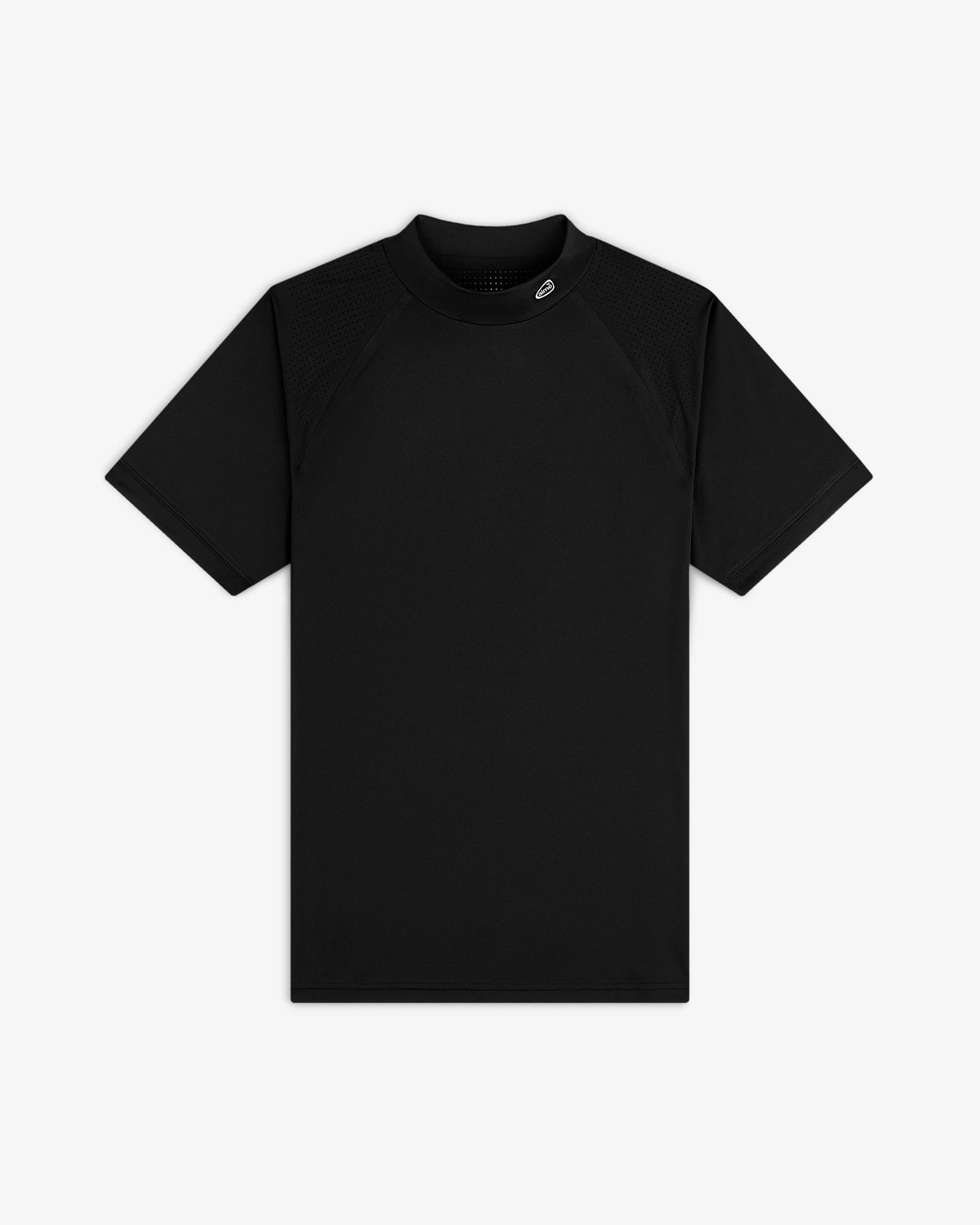 ALD Golf Performance Tee in black, short sleeves and high collar, displayed flat on a white background.