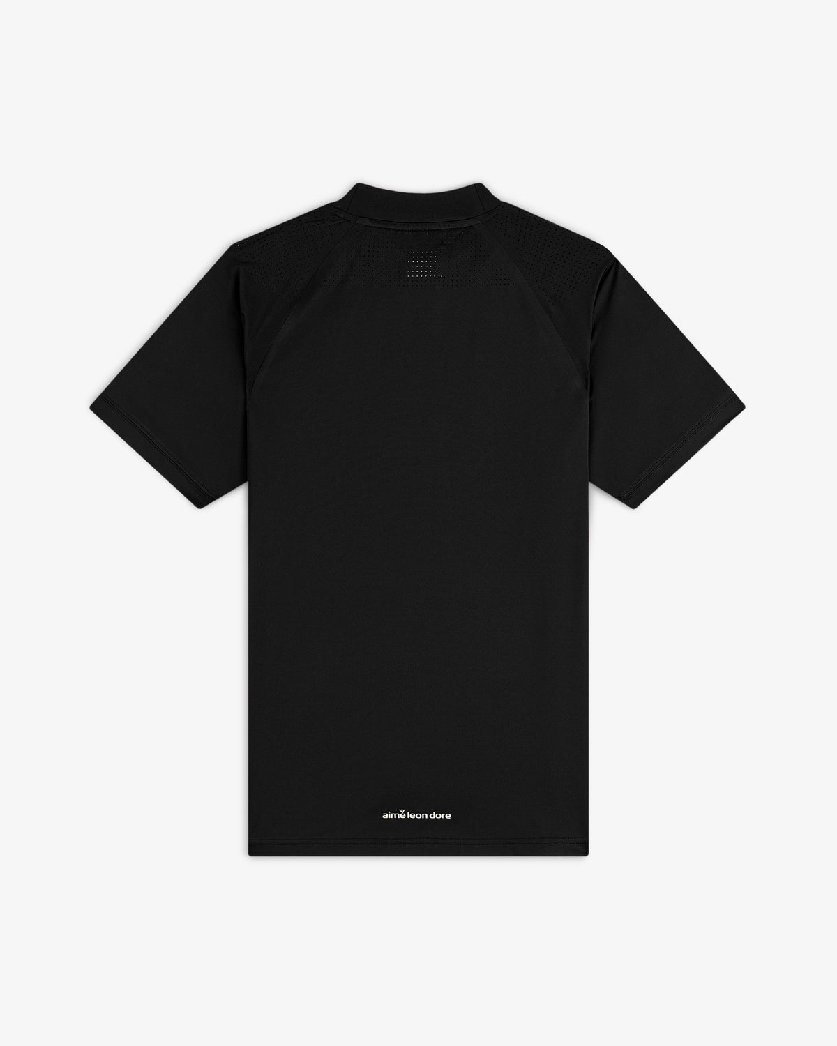 ALD Golf Performance Tee in black, short-sleeve, shown from the back with small white text near the bottom hem.