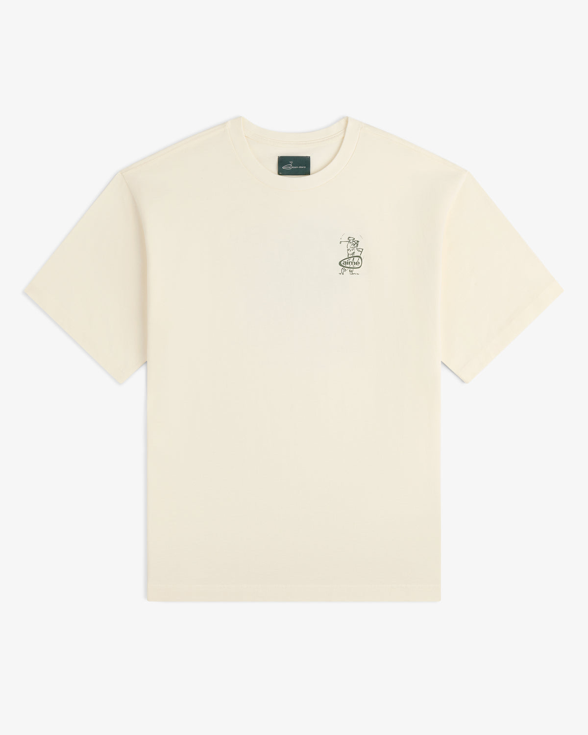 ALD Golf Swing Tee: Off-white short-sleeve t-shirt with small black graphic and text on left chest.